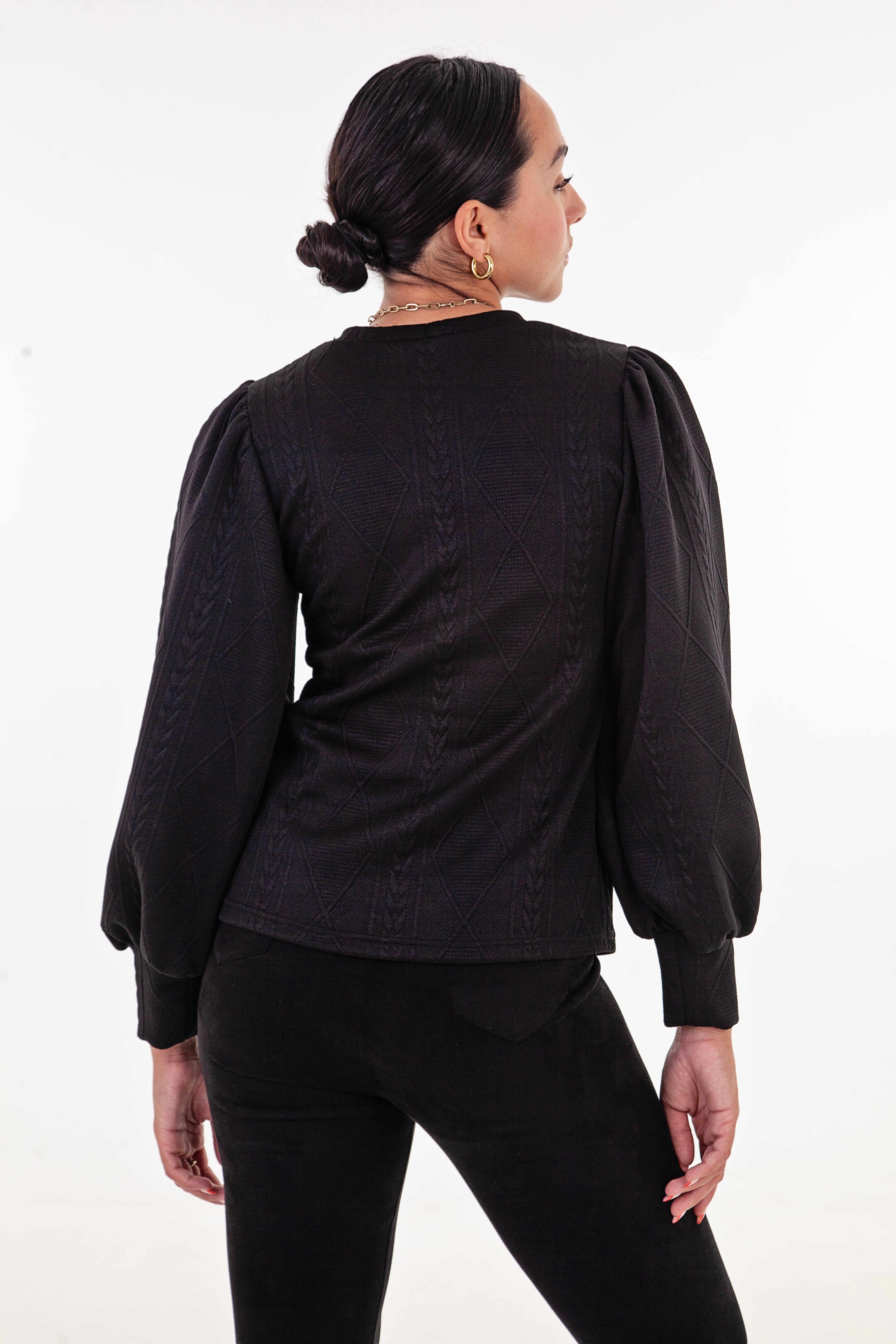 Black Cable Knit Puff Sleeve Top