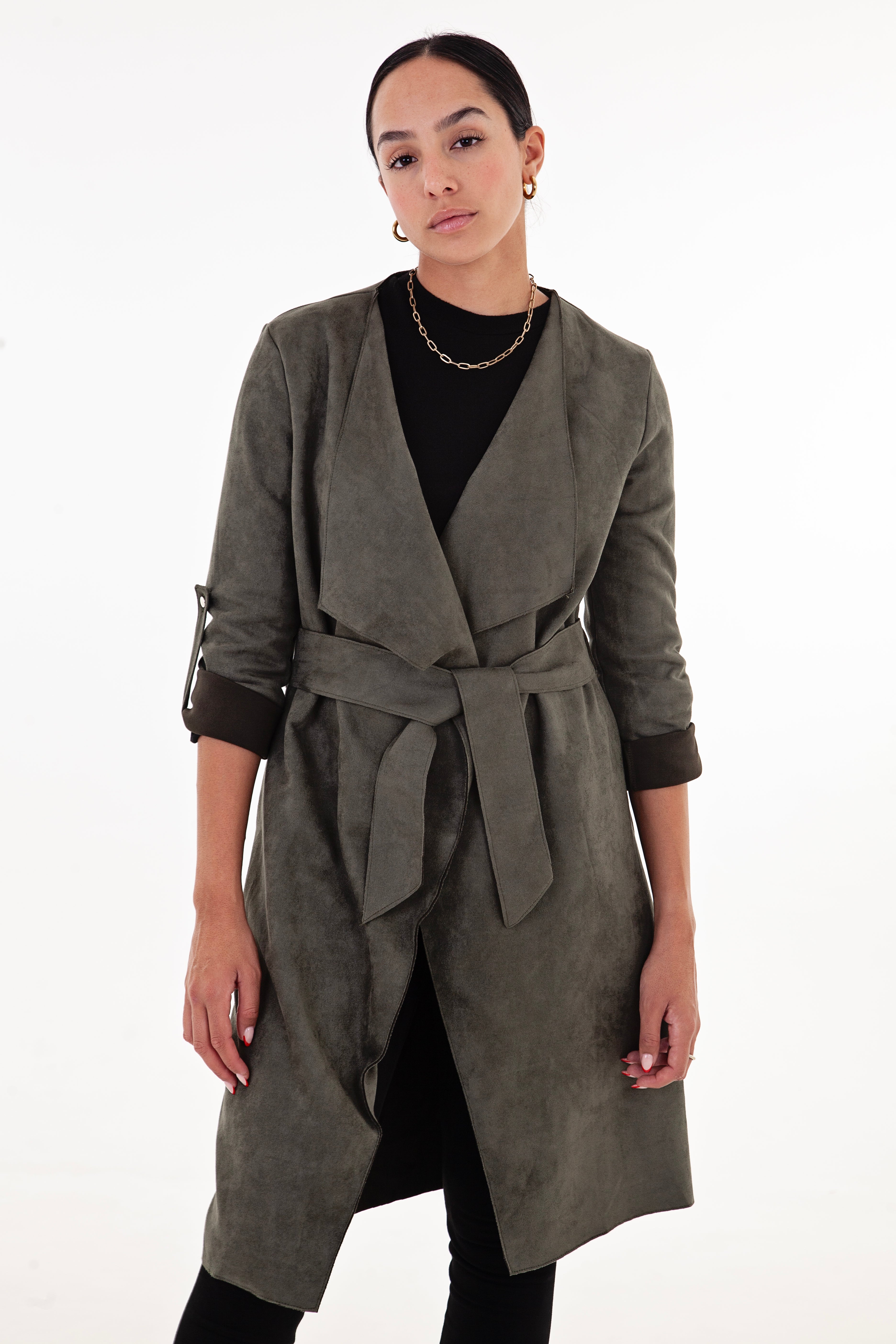 Olive Faux Suede Waterfall Coat