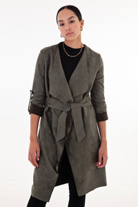 Olive Faux Suede Waterfall Coat
