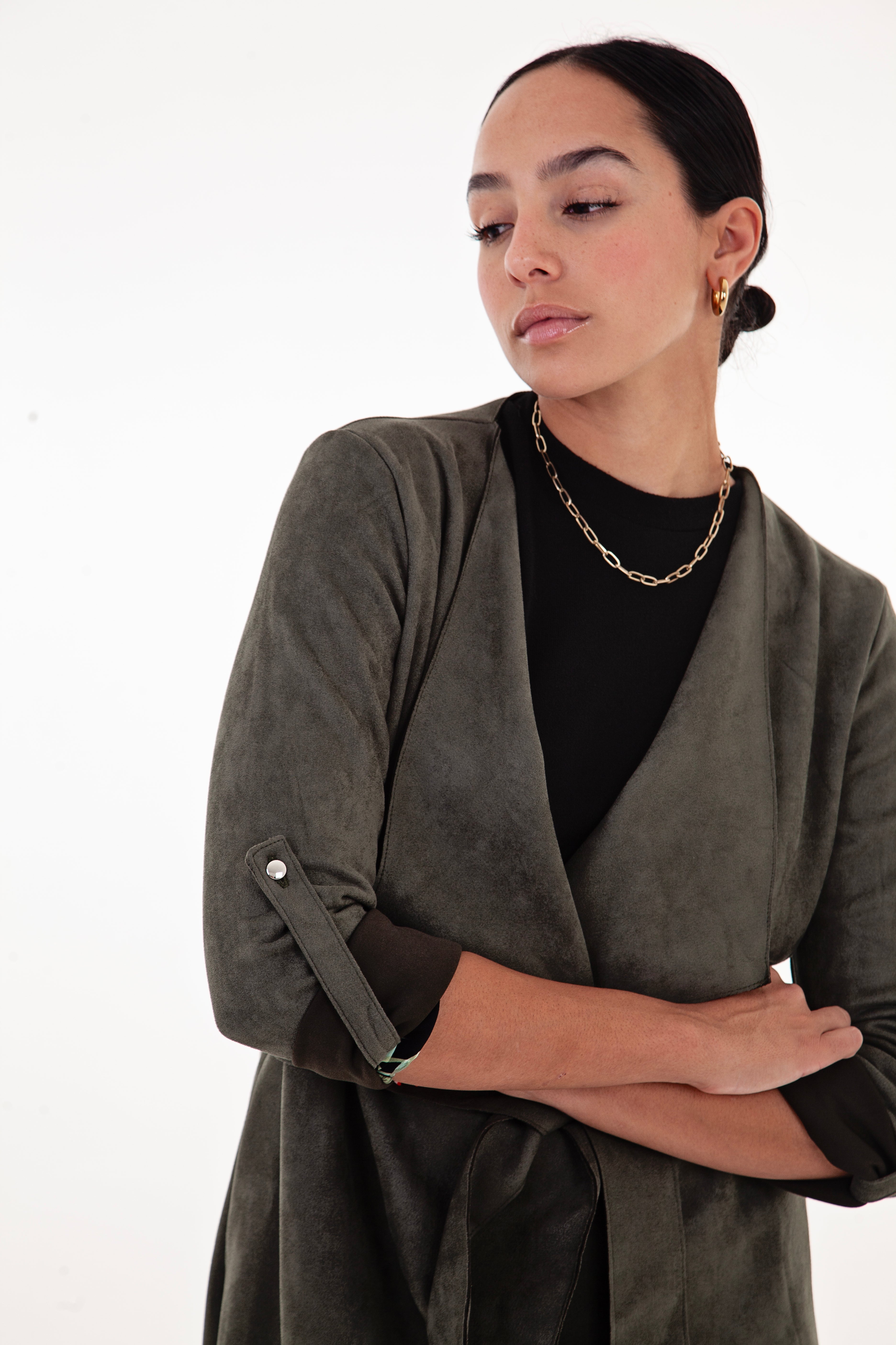 Olive Faux Suede Waterfall Coat