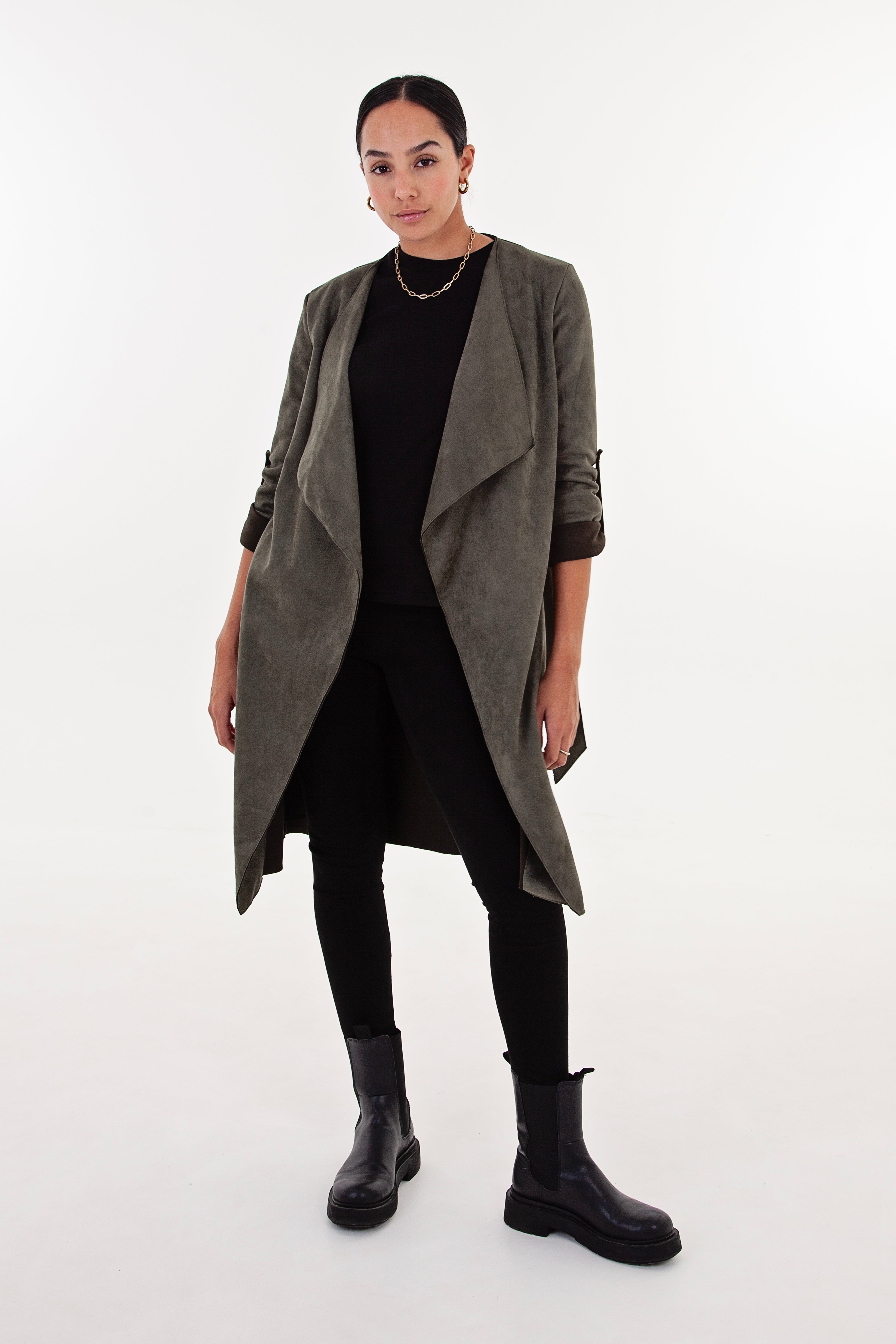Olive Faux Suede Waterfall Coat