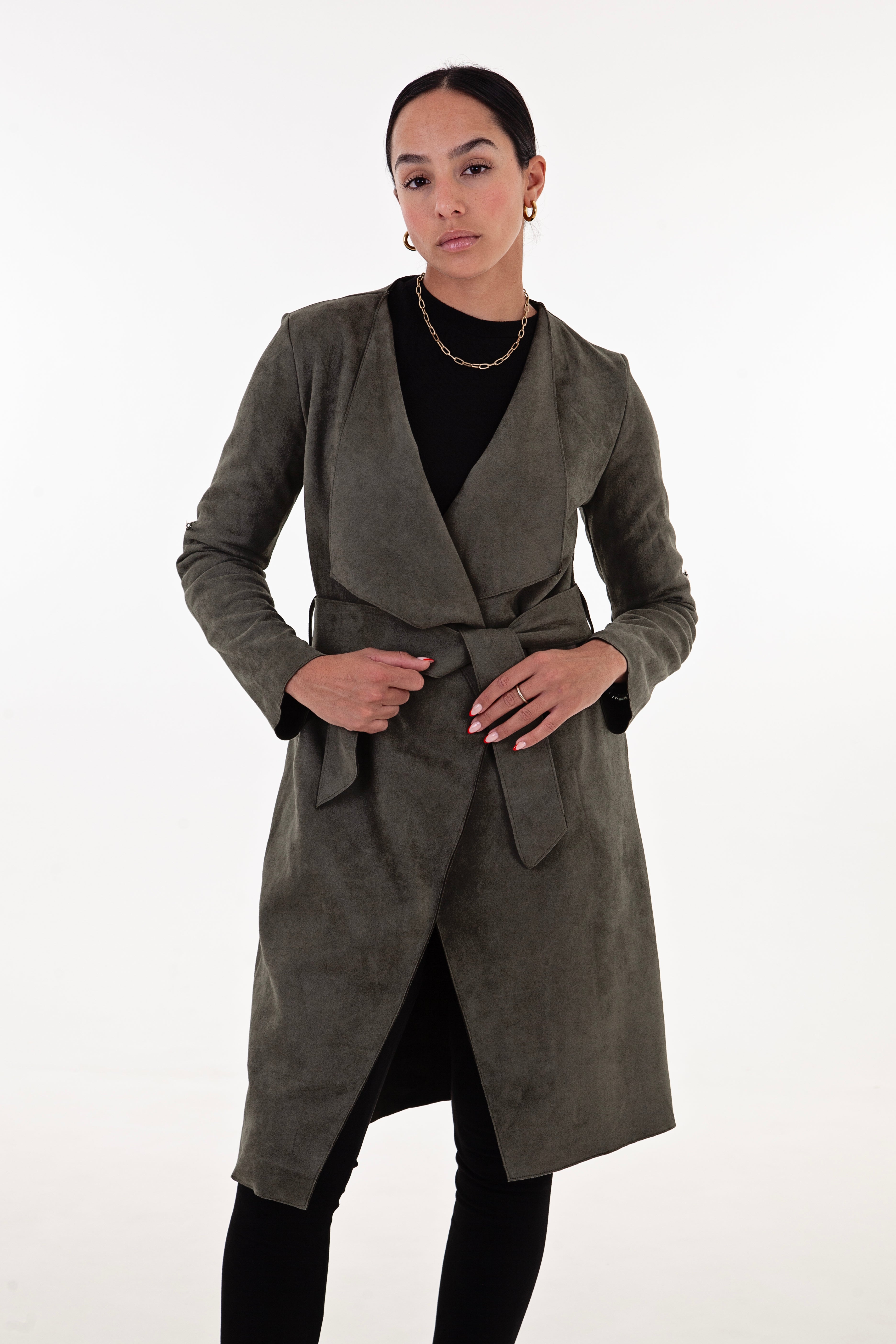 Olive Faux Suede Waterfall Coat