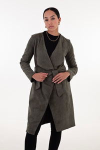 Olive Faux Suede Waterfall Coat
