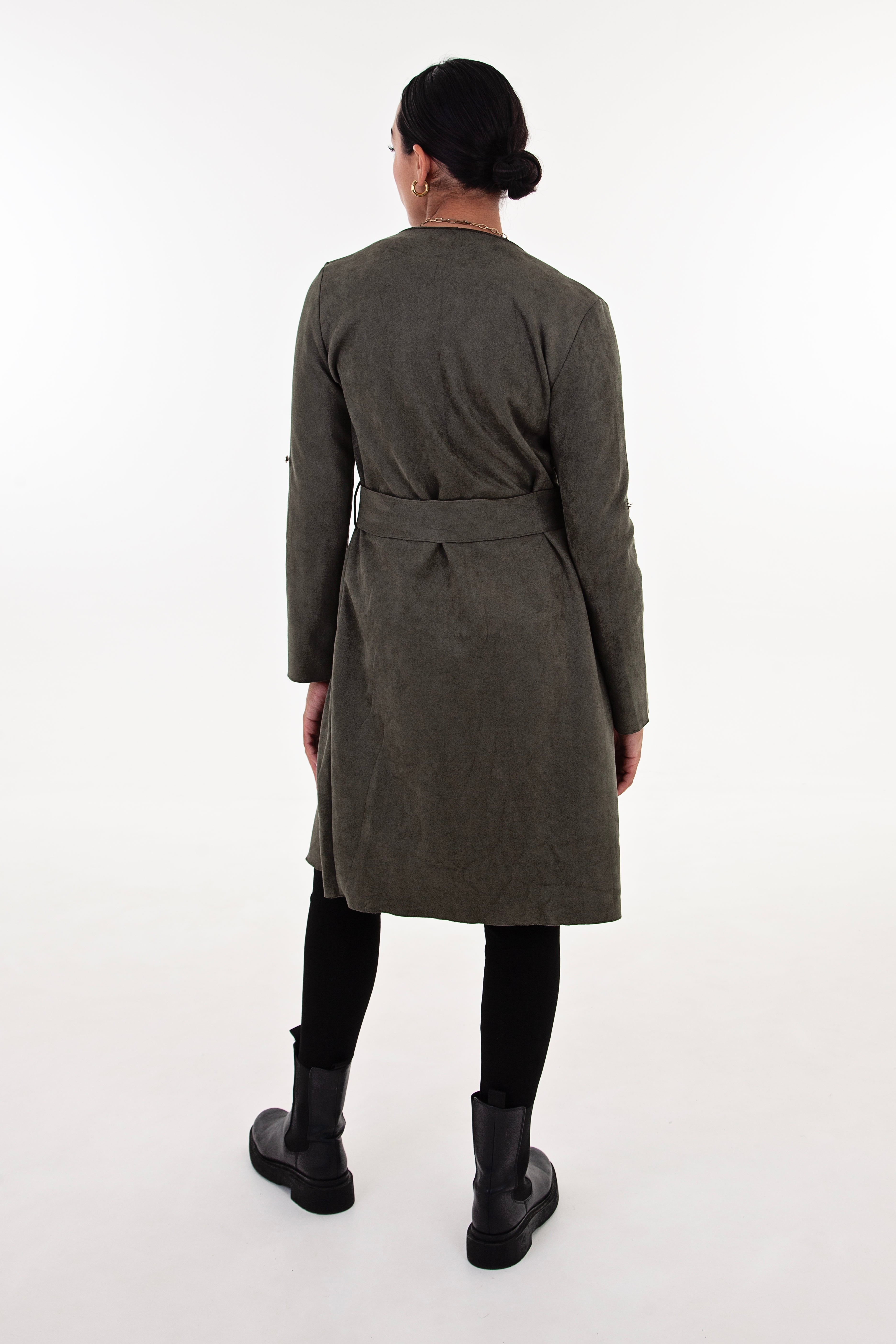 Olive Faux Suede Waterfall Coat