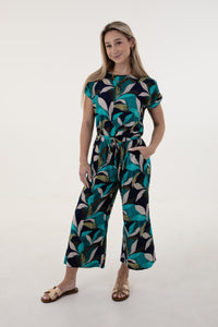 Teal, Green, Navy Leaf Wide Leg Culotte