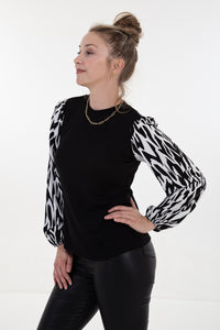 White & Black Abstract Long Sleeve Combo Top