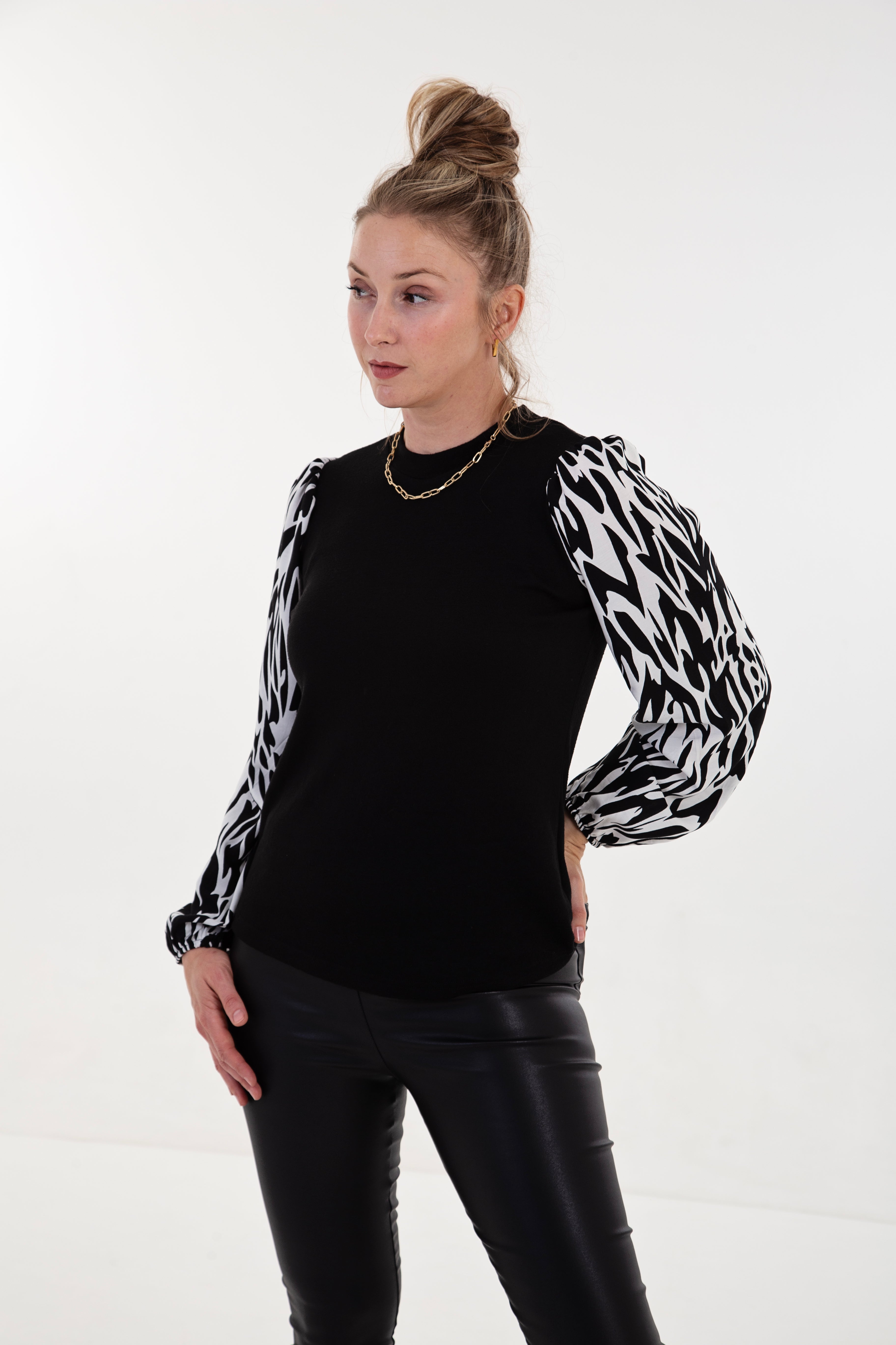 White & Black Abstract Long Sleeve Combo Top