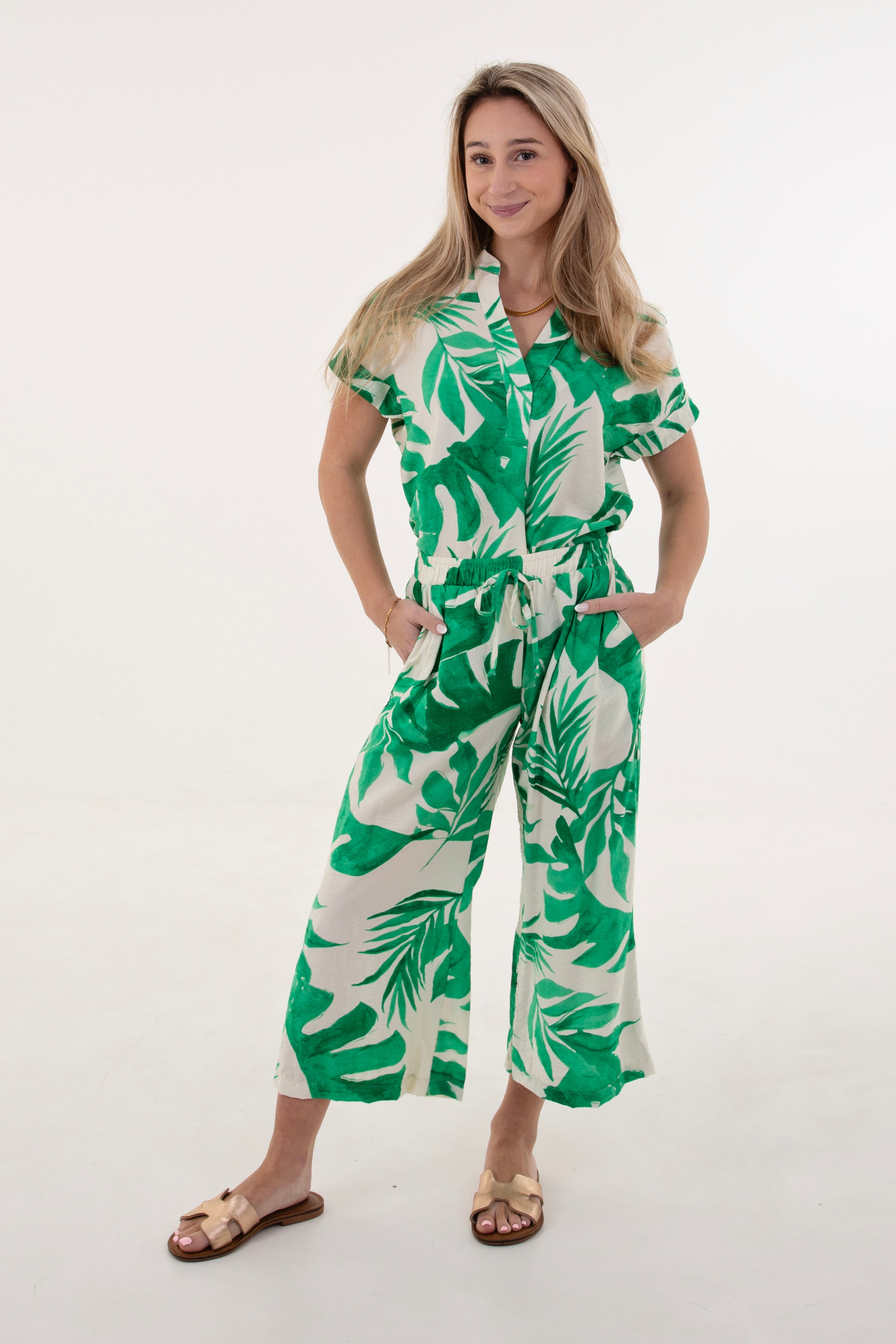 Cream & Green Leaf V-Neck Roll Sleeve top