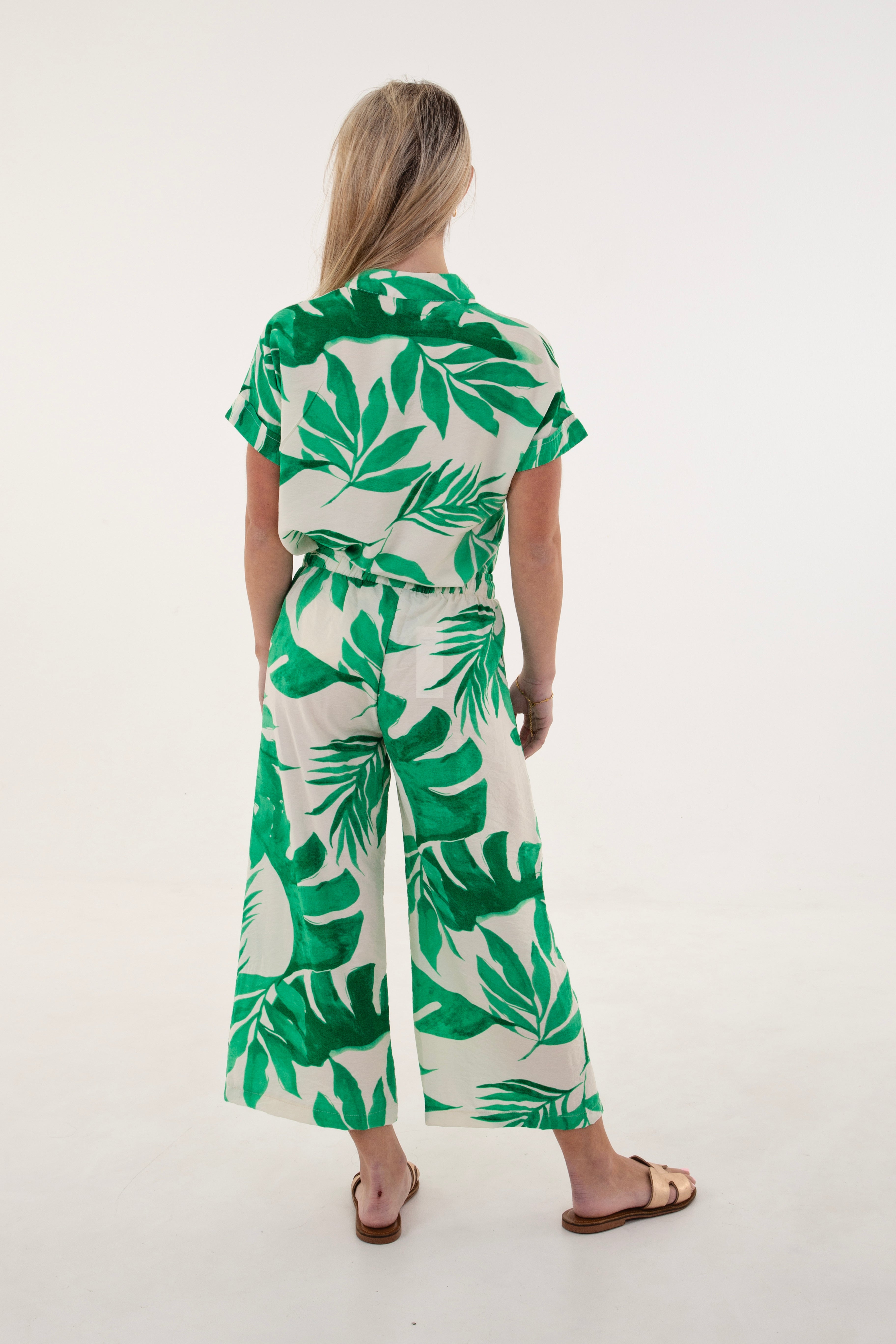 Cream & Green Leaf V-Neck Roll Sleeve top
