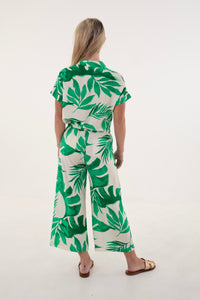 Cream & Green Leaf V-Neck Roll Sleeve top