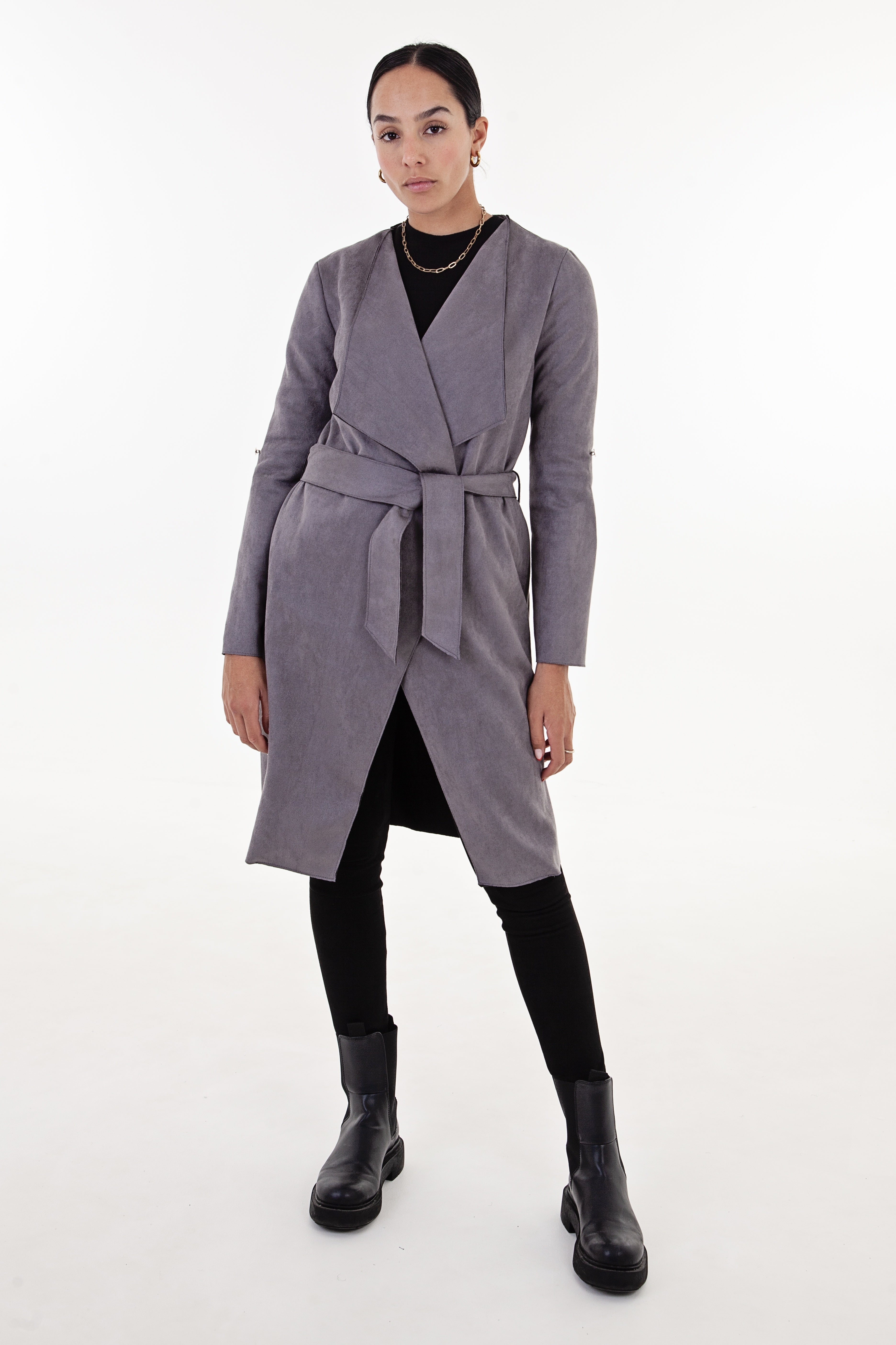 Grey Faux Suede Waterfall Coat