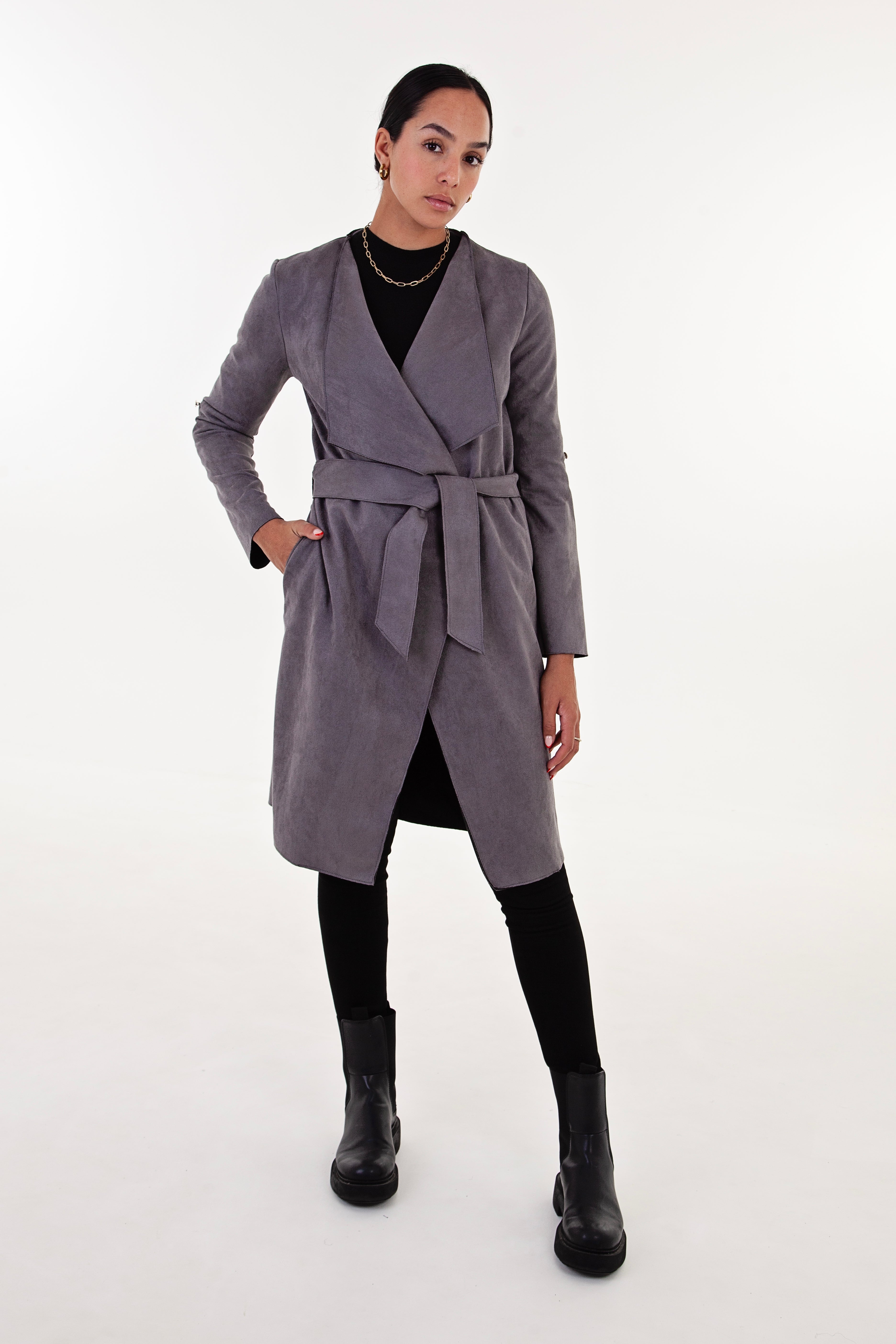 Grey Faux Suede Waterfall Coat