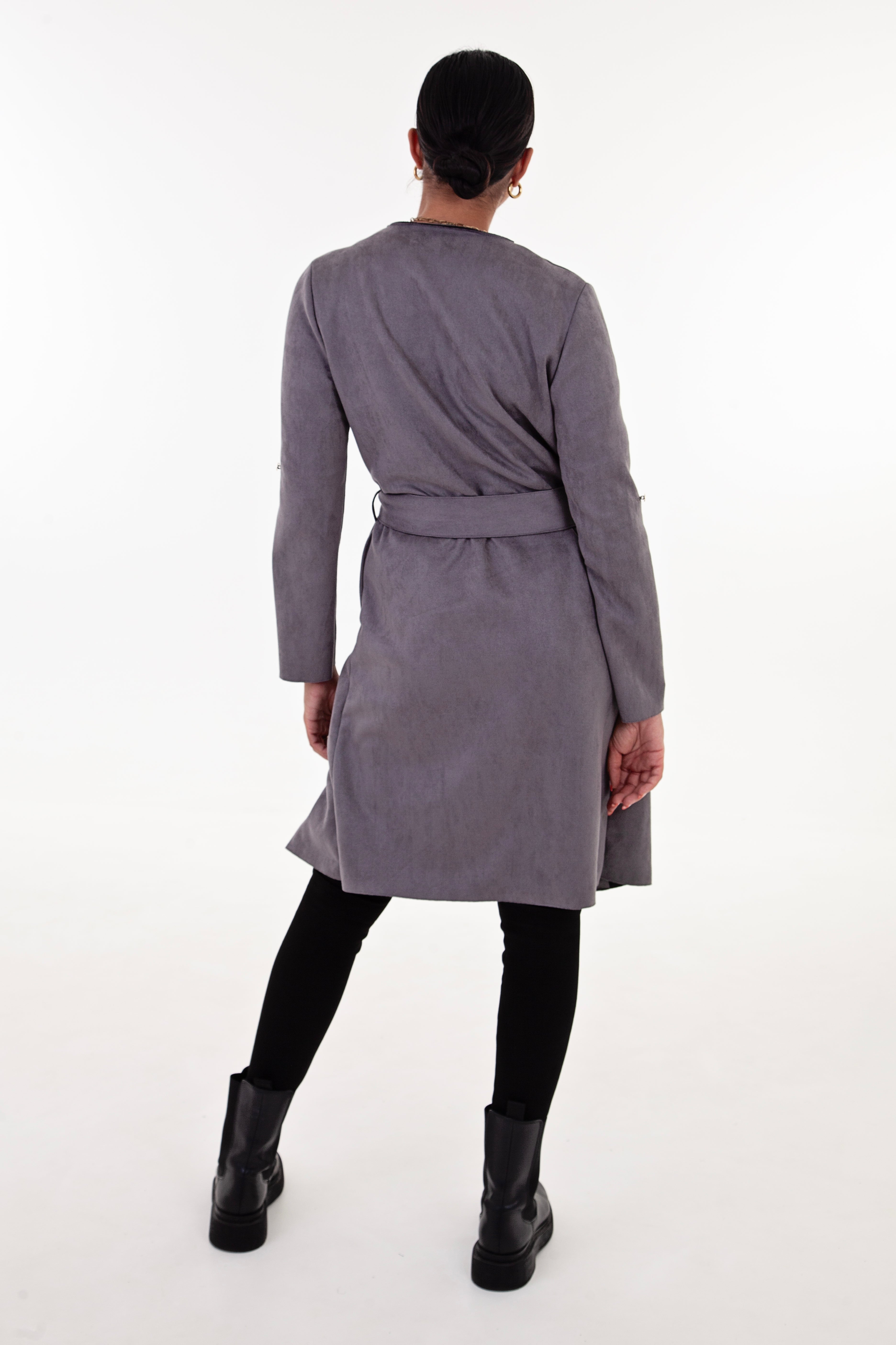 Grey Faux Suede Waterfall Coat