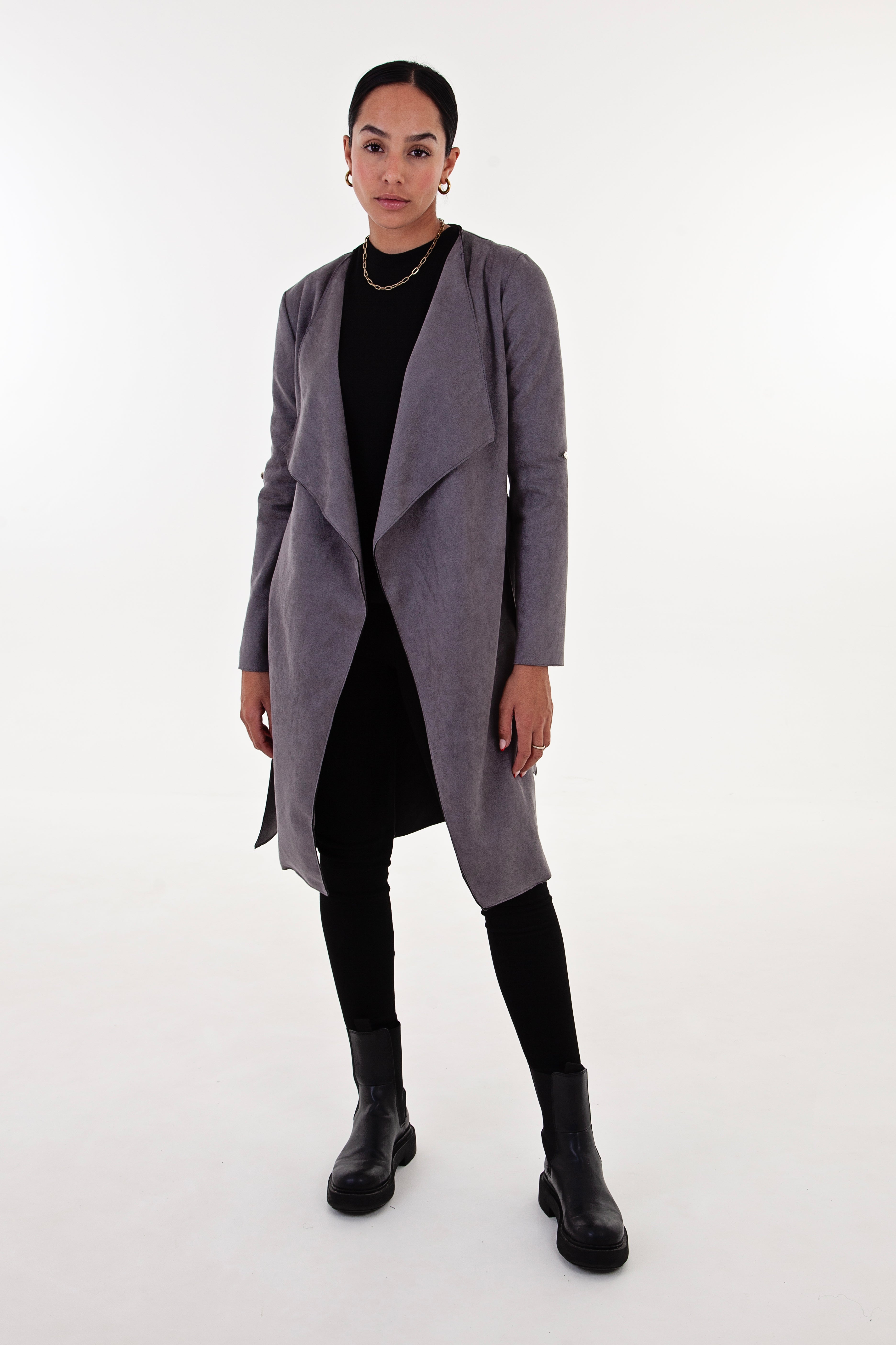 Grey Faux Suede Waterfall Coat
