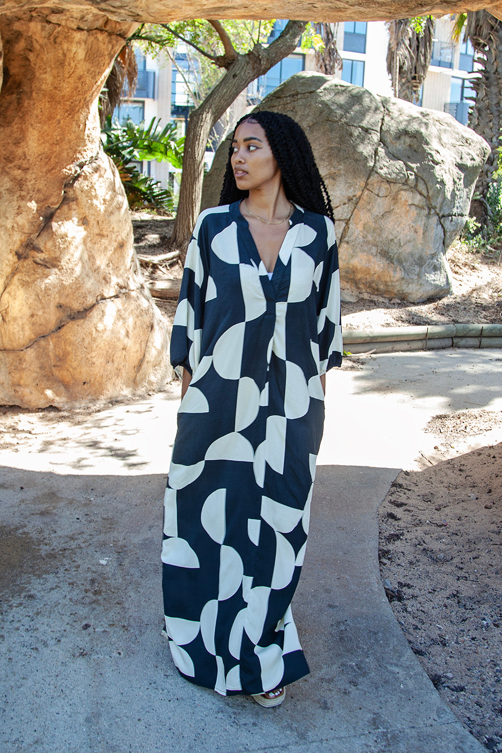 Black & Cream Geo Print Tunic Maxi Dress