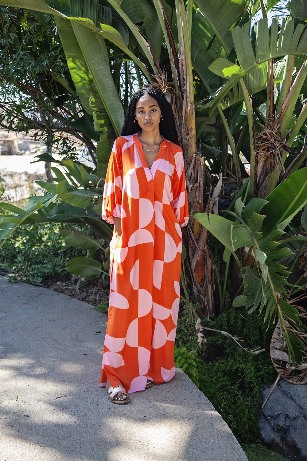 Tangerine & Pink Geo Print Tunic Maxi Dress