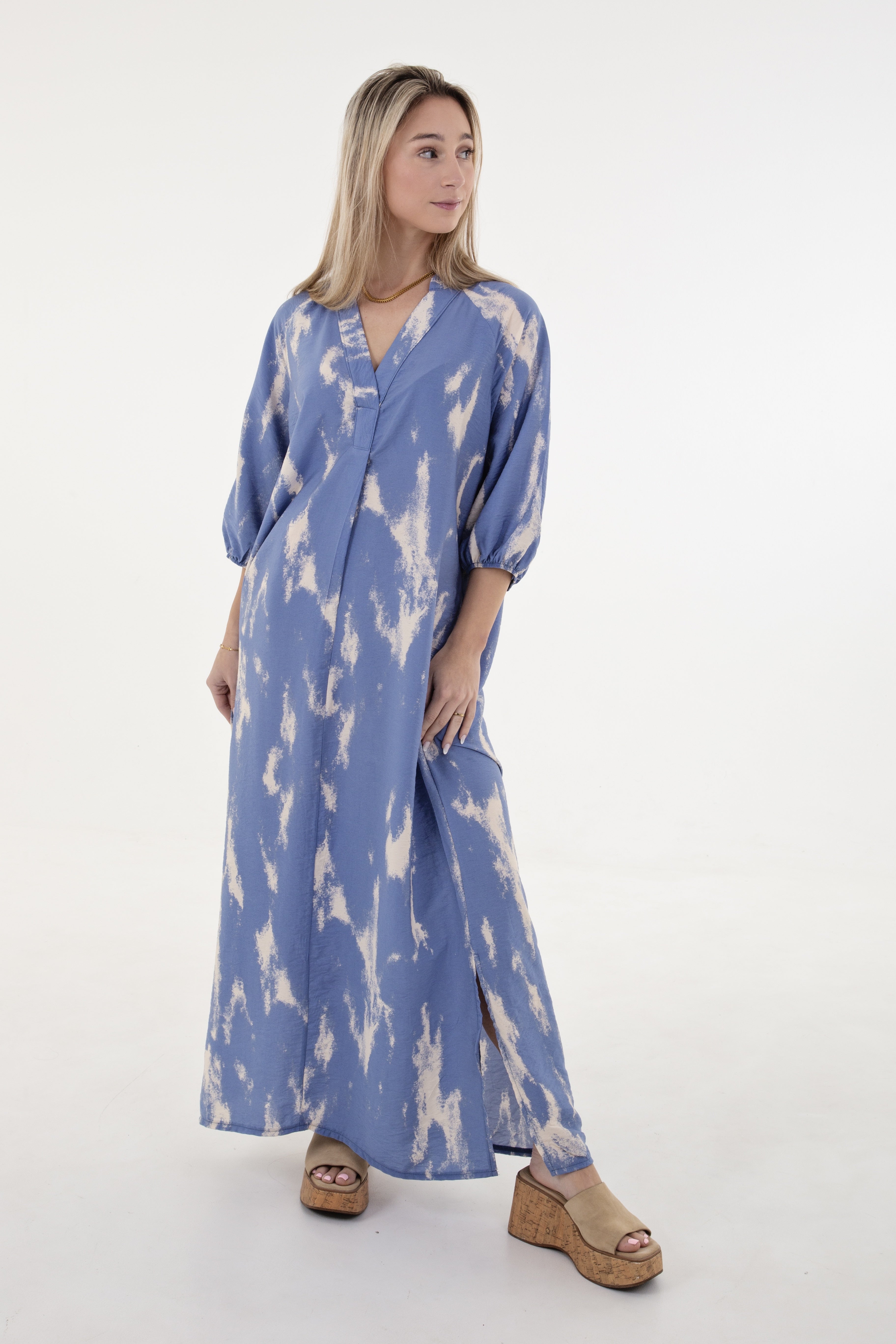 Powder Blue & Cream Tunic Maxi Dress