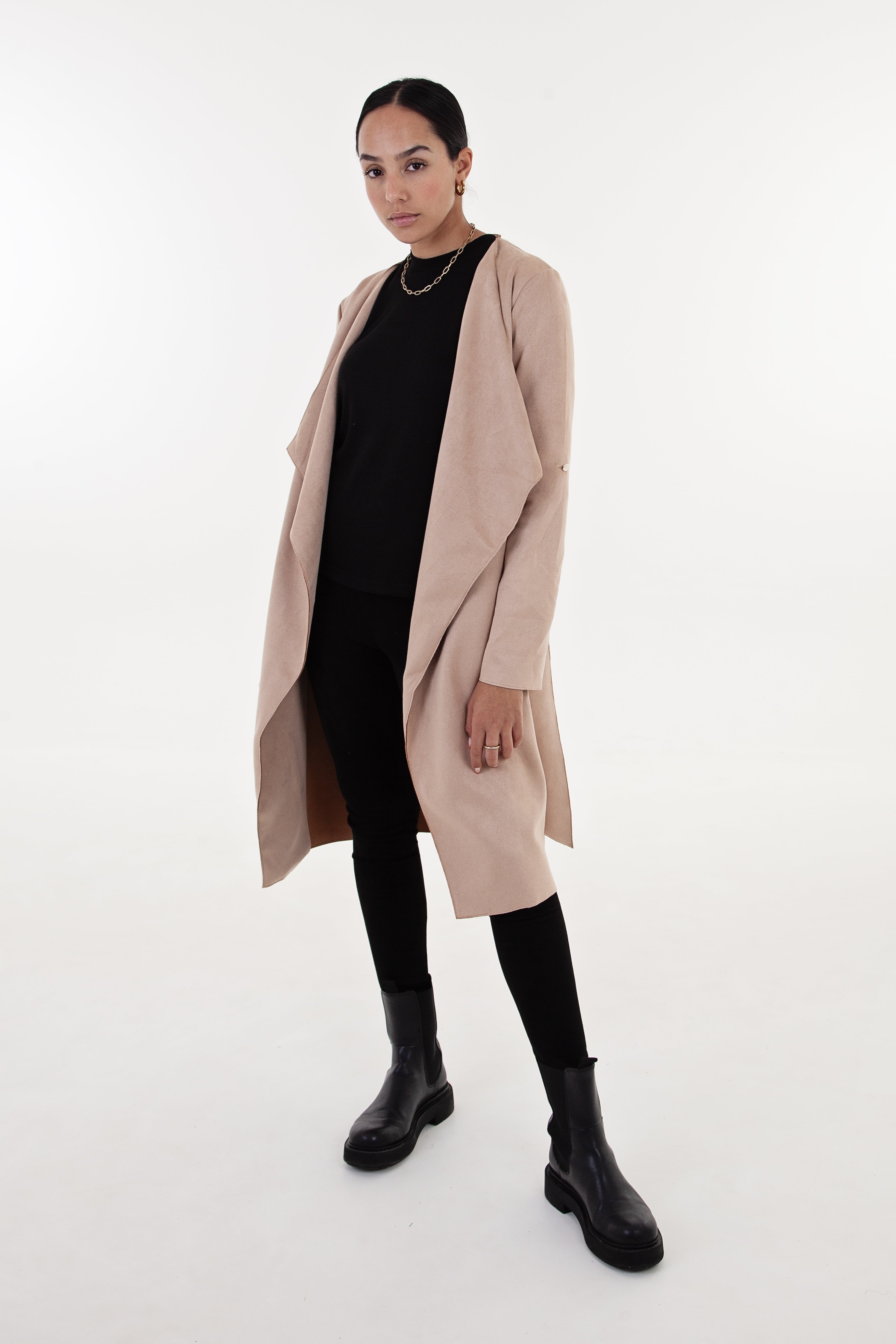 Camel Faux Suede Waterfall Coat