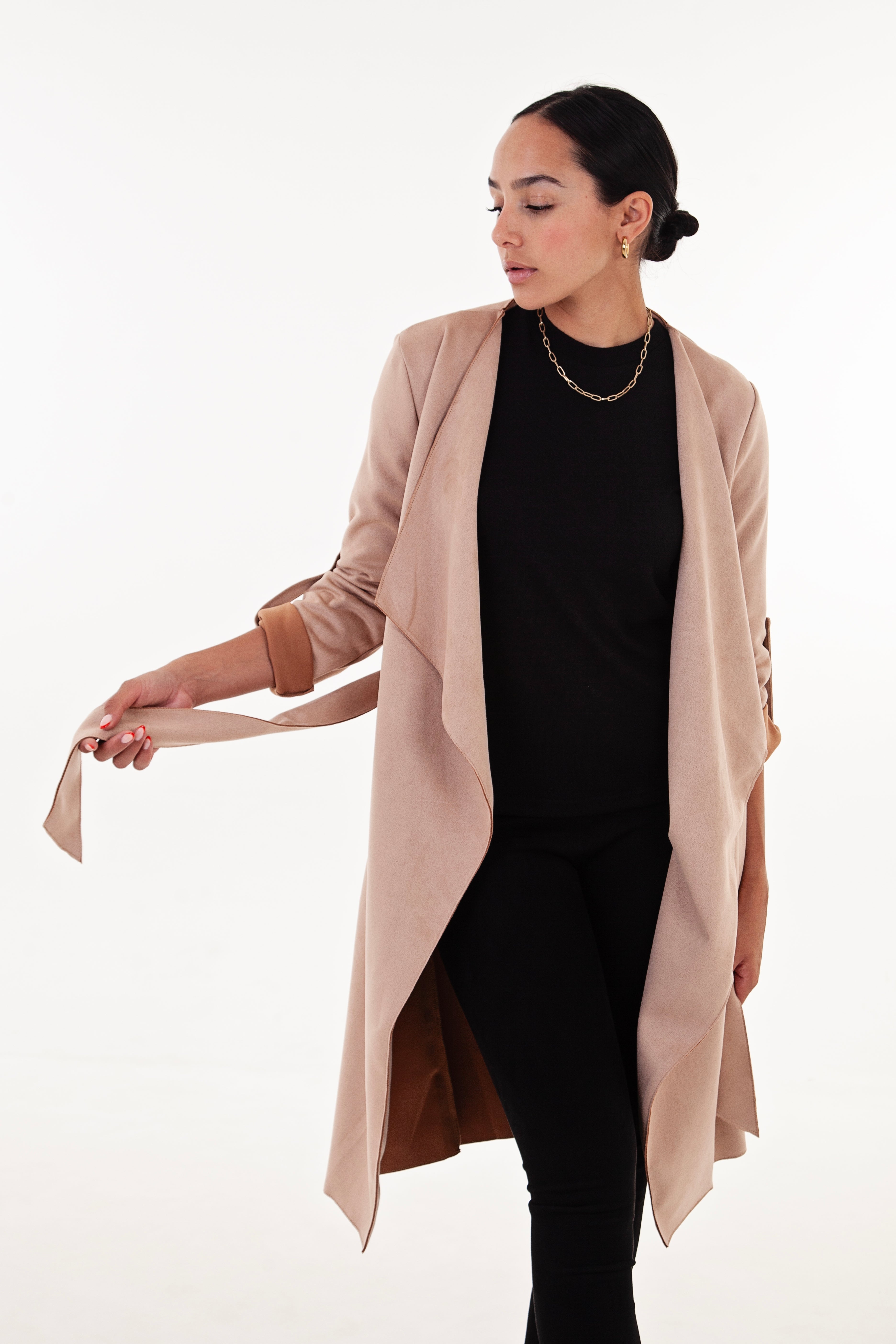 Camel Faux Suede Waterfall Coat