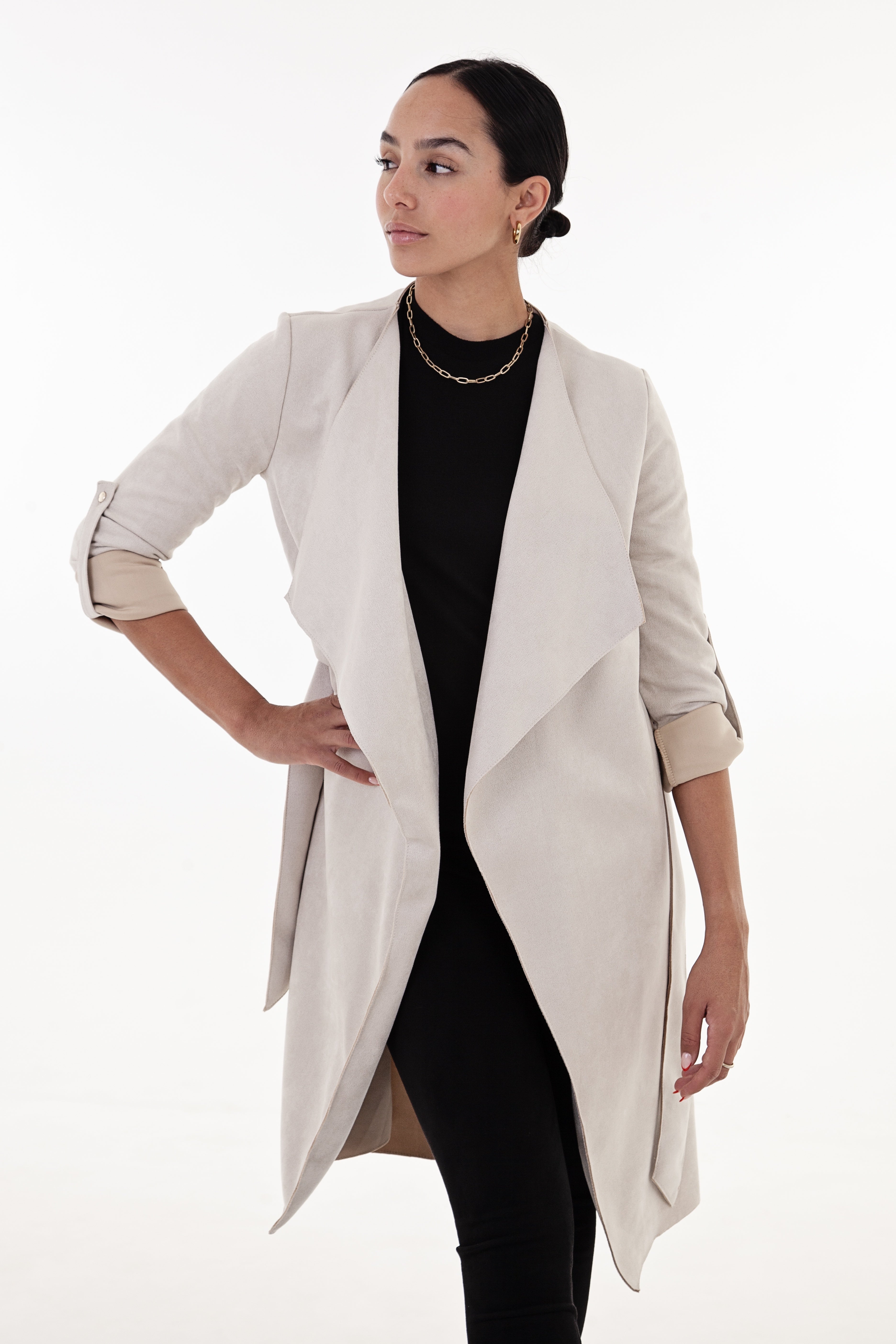 Stone Faux Suede Waterfall Coat