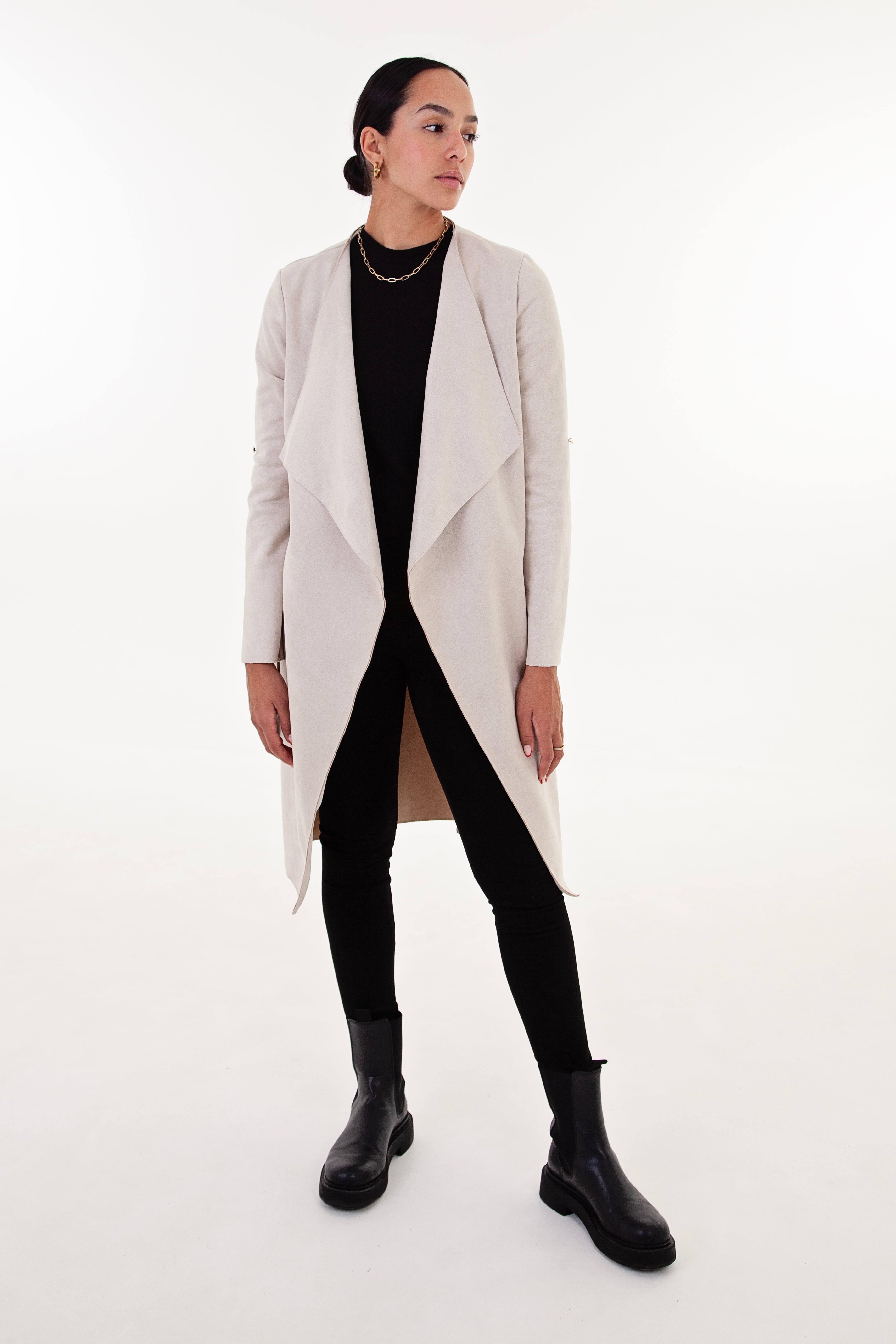 Stone Faux Suede Waterfall Coat