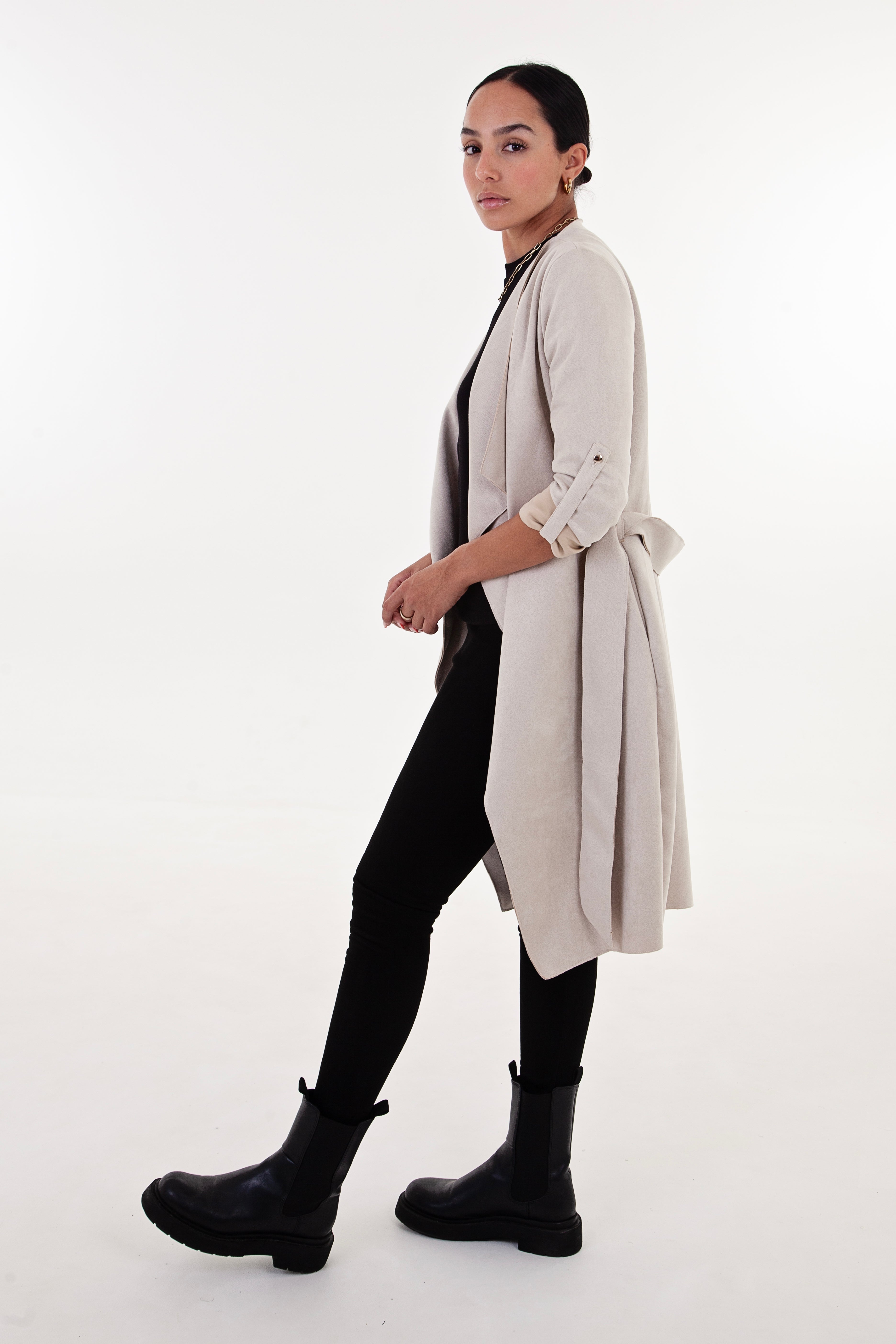 Stone Faux Suede Waterfall Coat