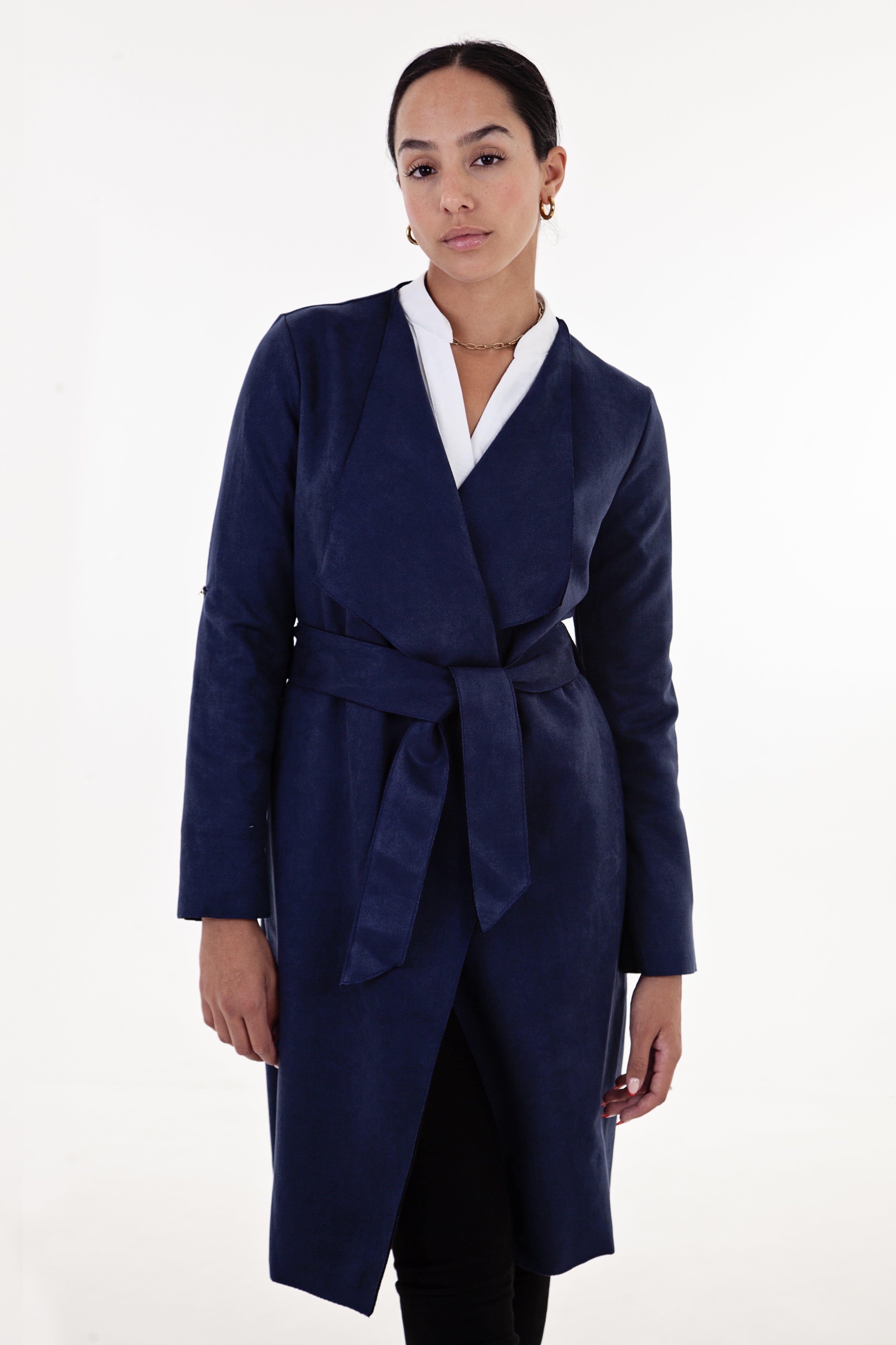 Navy Faux Suede Waterfall Coat