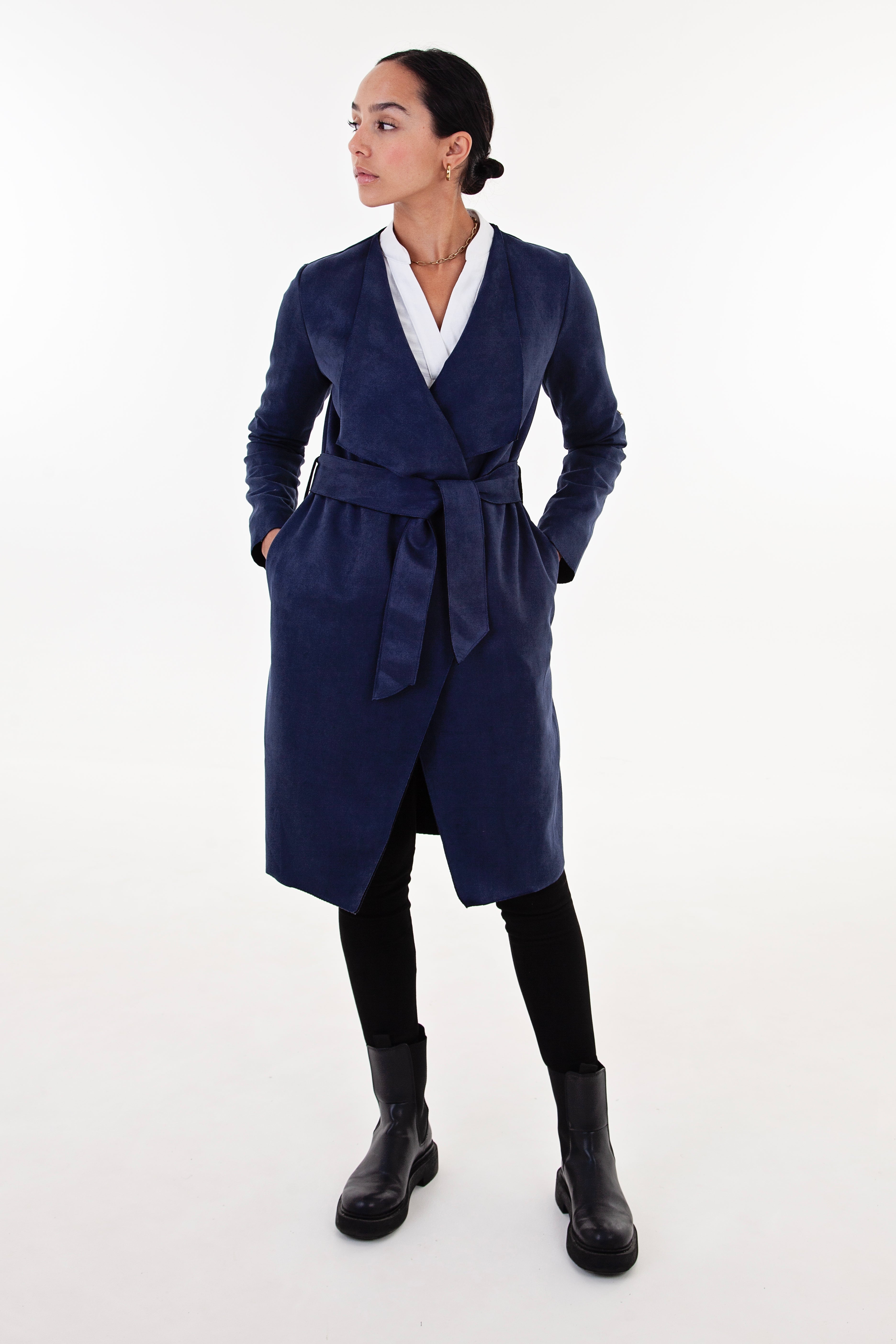 Navy Faux Suede Waterfall Coat