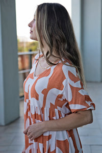 Orange & White Geo Print Midi Tier Dress