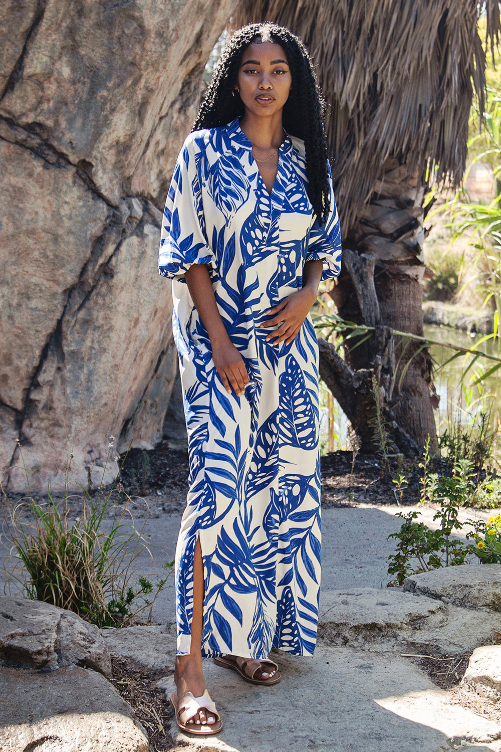 Blue & Cream Leaf Print Tunic Maxi Dress