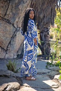 Blue & Cream Leaf Print Tunic Maxi Dress