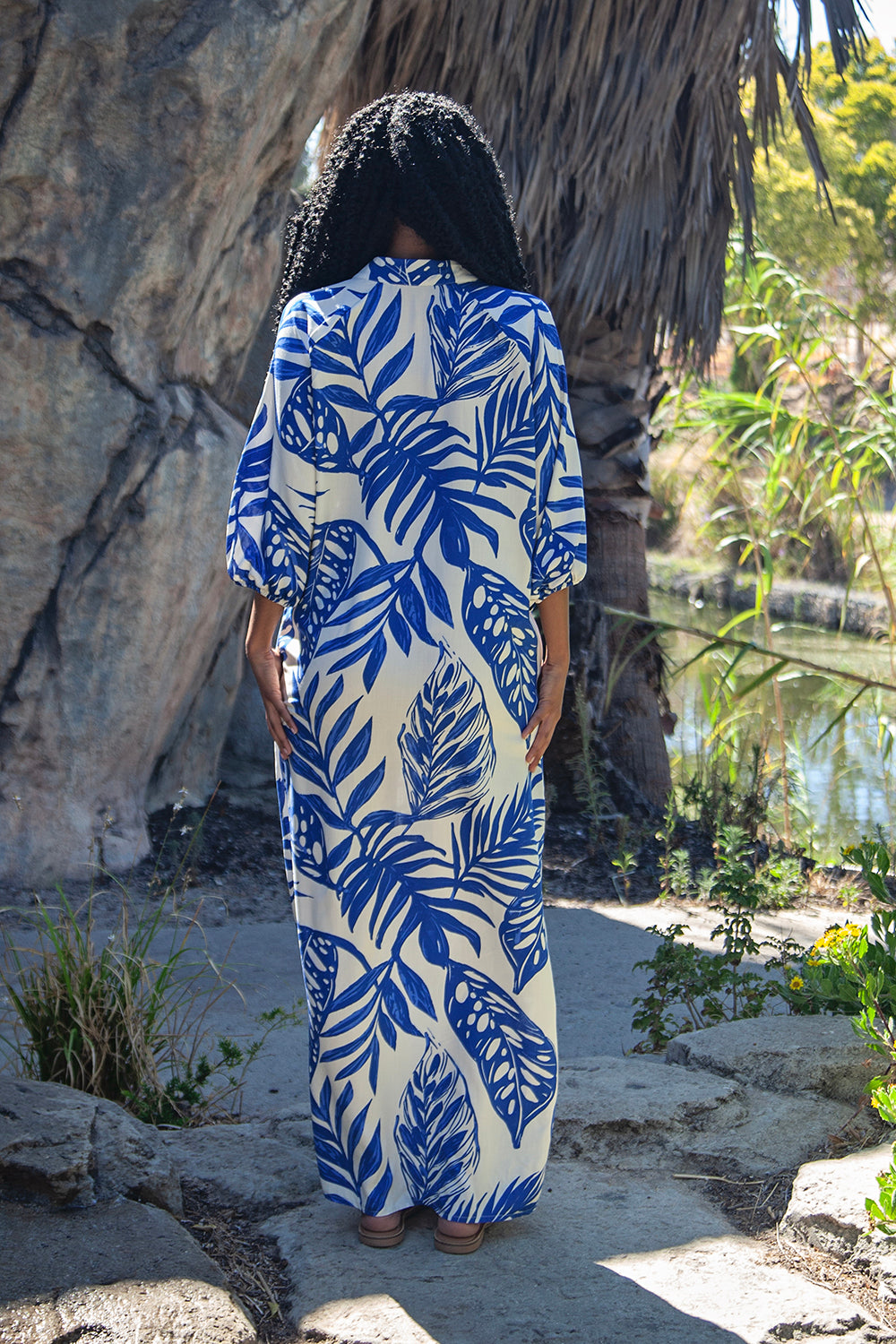 Blue & Cream Leaf Print Tunic Maxi Dress