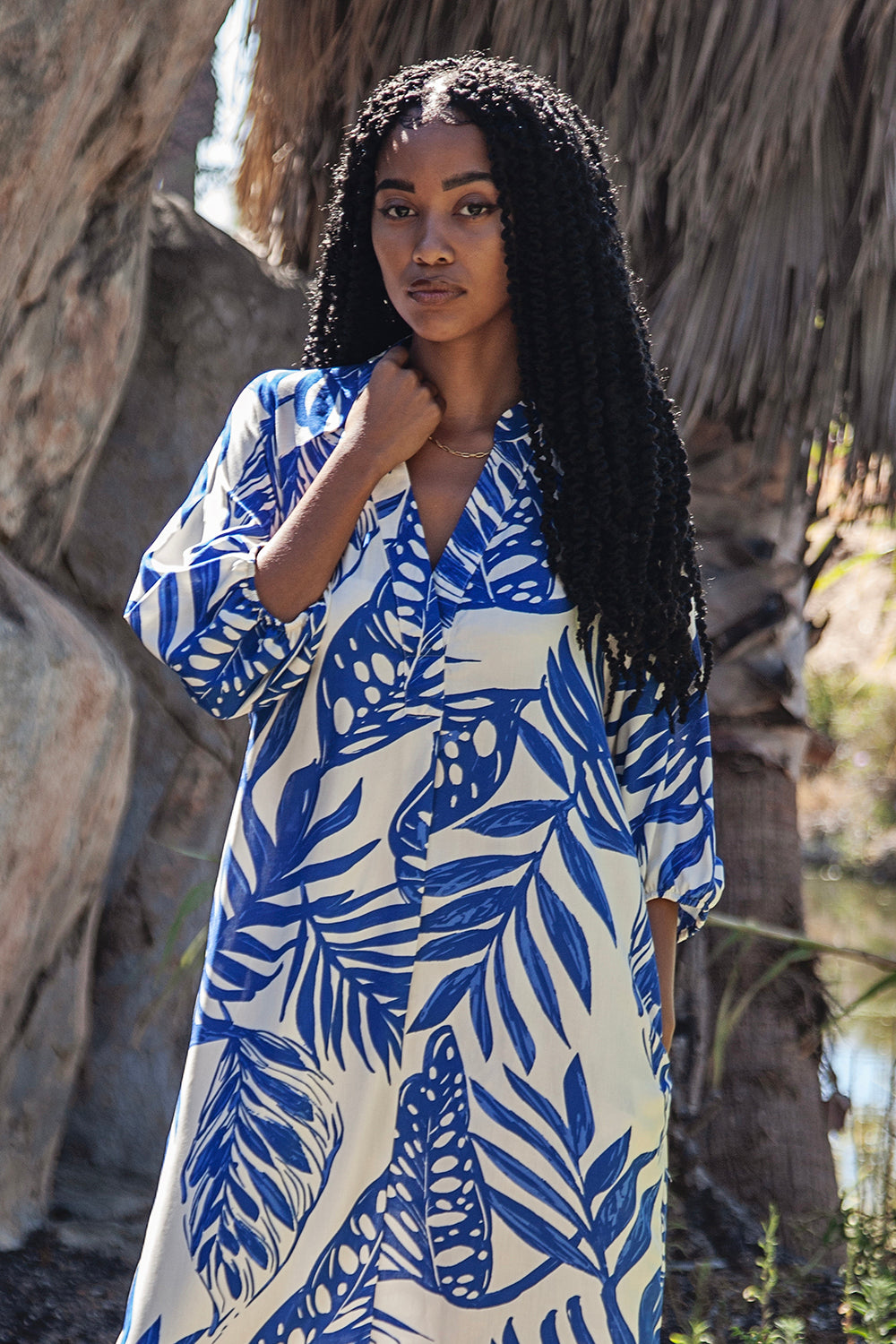 Blue & Cream Leaf Print Tunic Maxi Dress