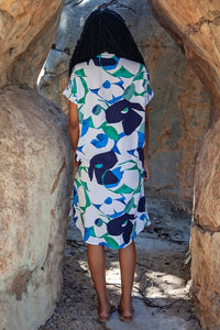 Blue White & Green Abstract Floral Tunic Dress