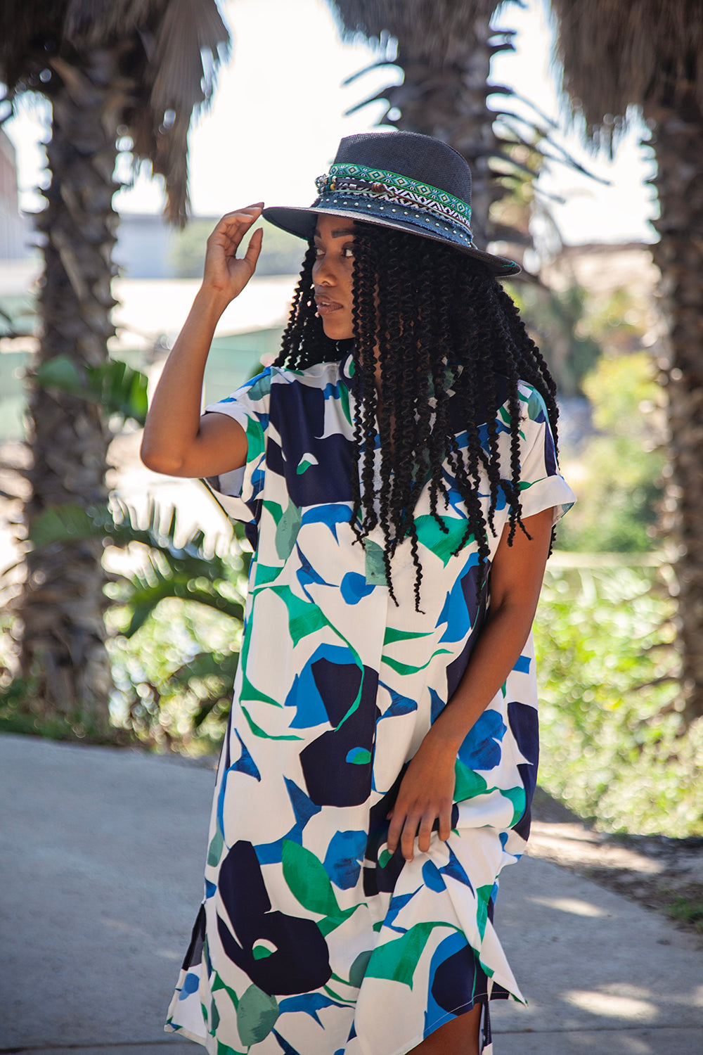 Blue White & Green Abstract Floral Tunic Dress