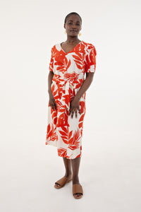 Cream & Tangerine Leaf Fit & Flare Dress