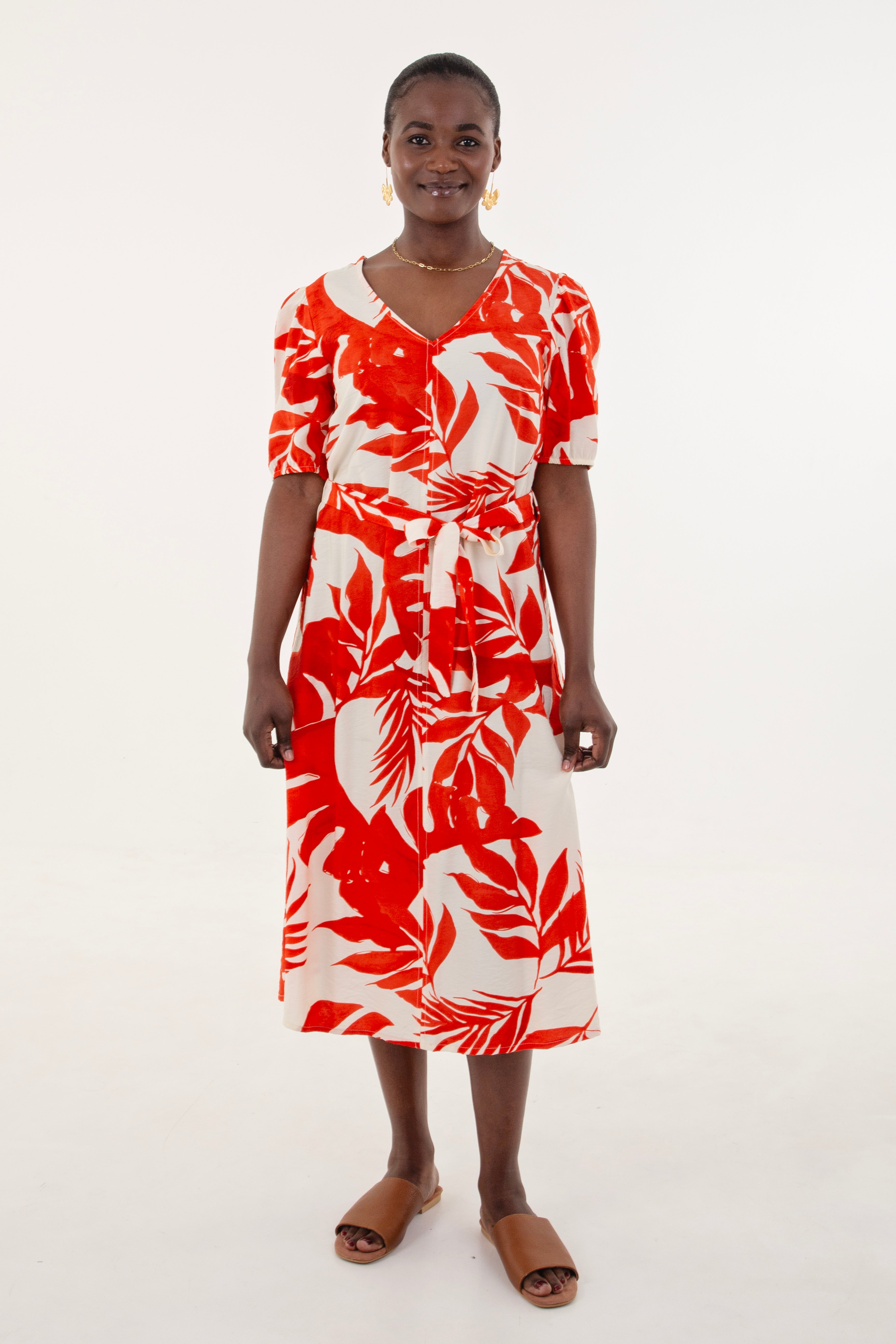 Cream & Tangerine Leaf Fit & Flare Dress