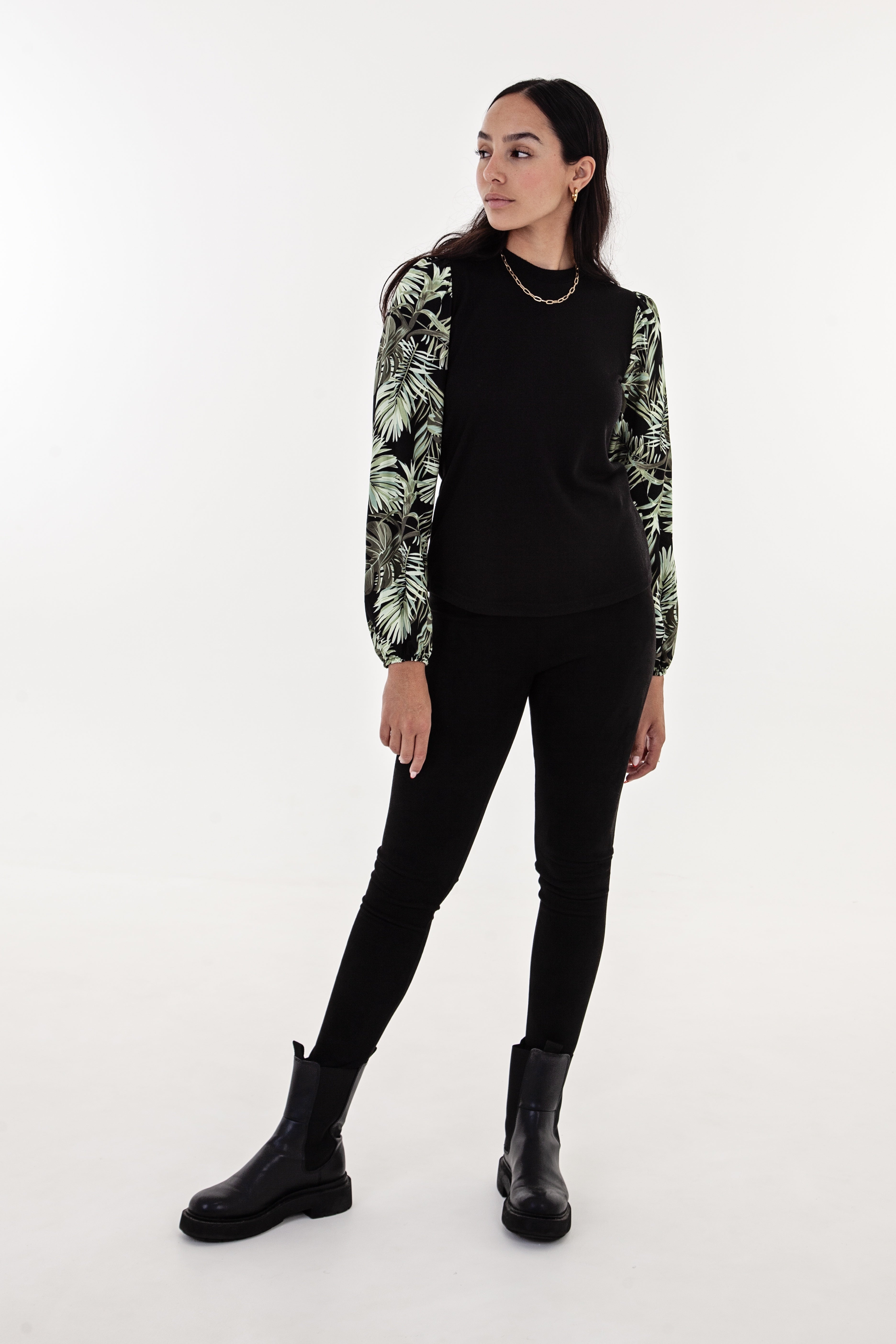 Black and Green Leaf Long Sleeve Combo Top