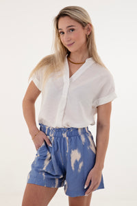 Cream V-Neck Roll Sleeve Top