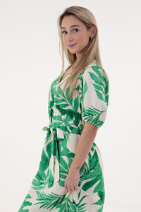 Cream & Green Leaf Fit & Flare Dress