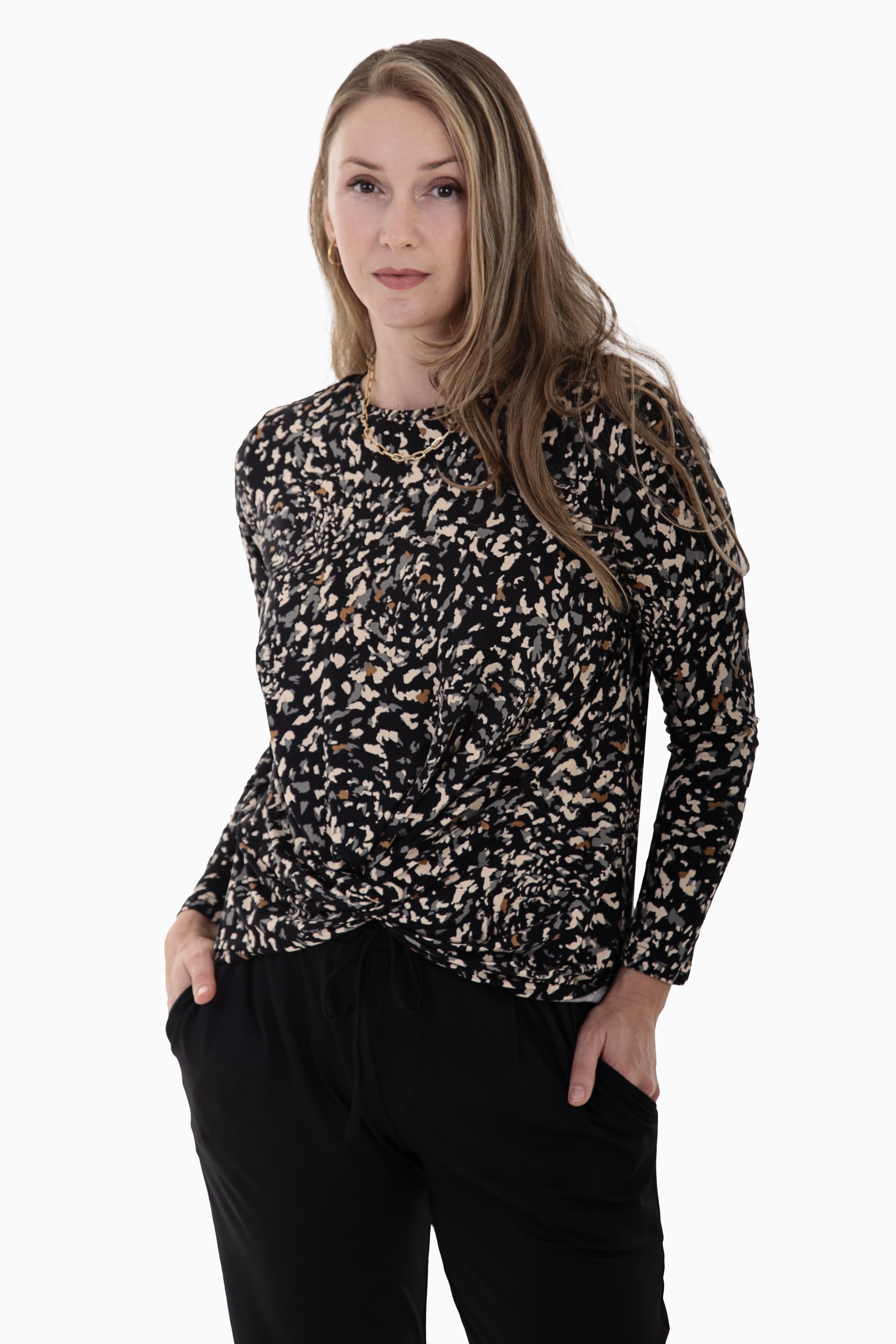 Black Khaki Beige Abstract Brushed Knit Knot Top