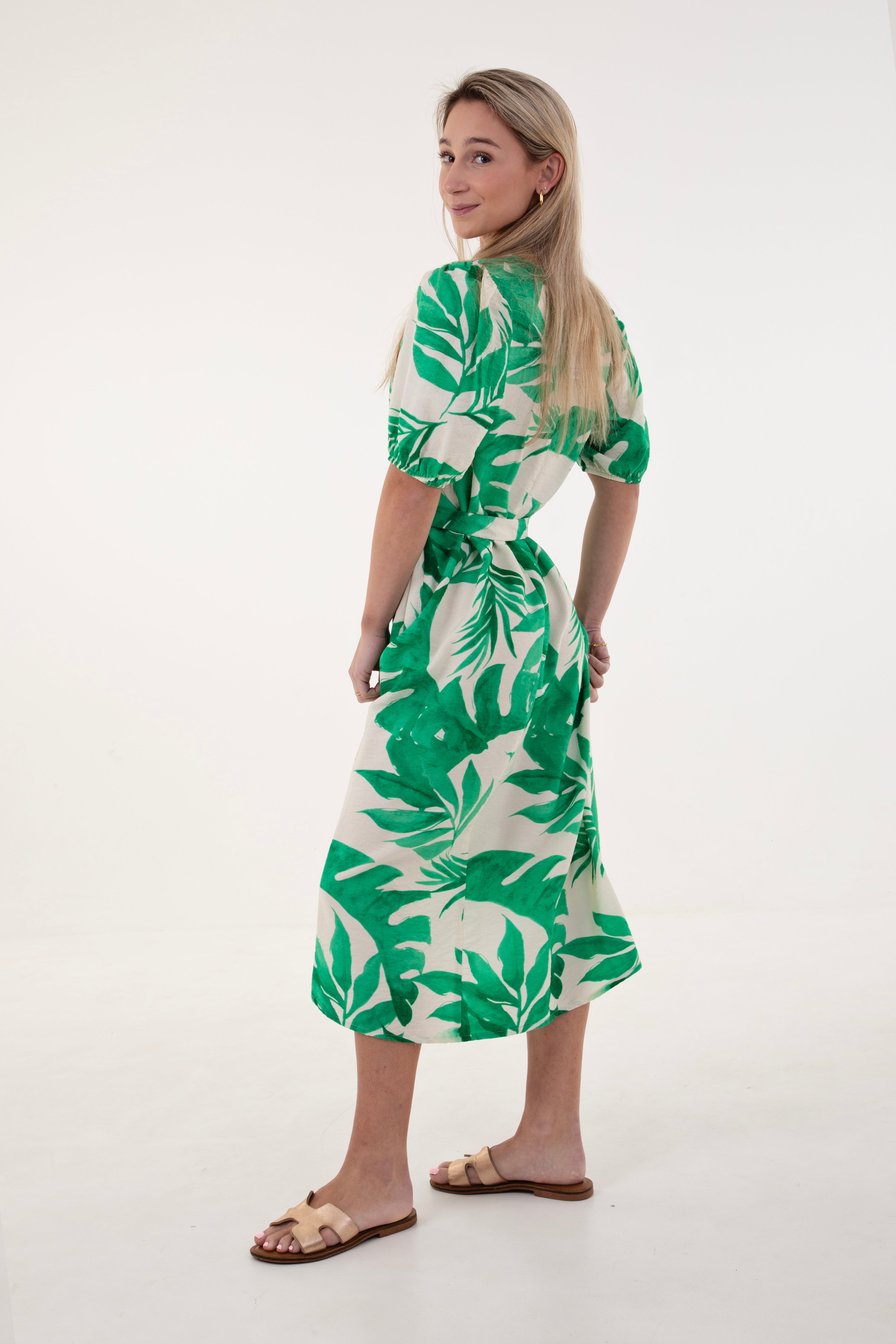 Cream & Green Leaf Fit & Flare Dress