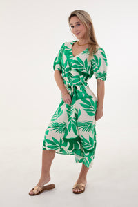 Cream & Green Leaf Fit & Flare Dress