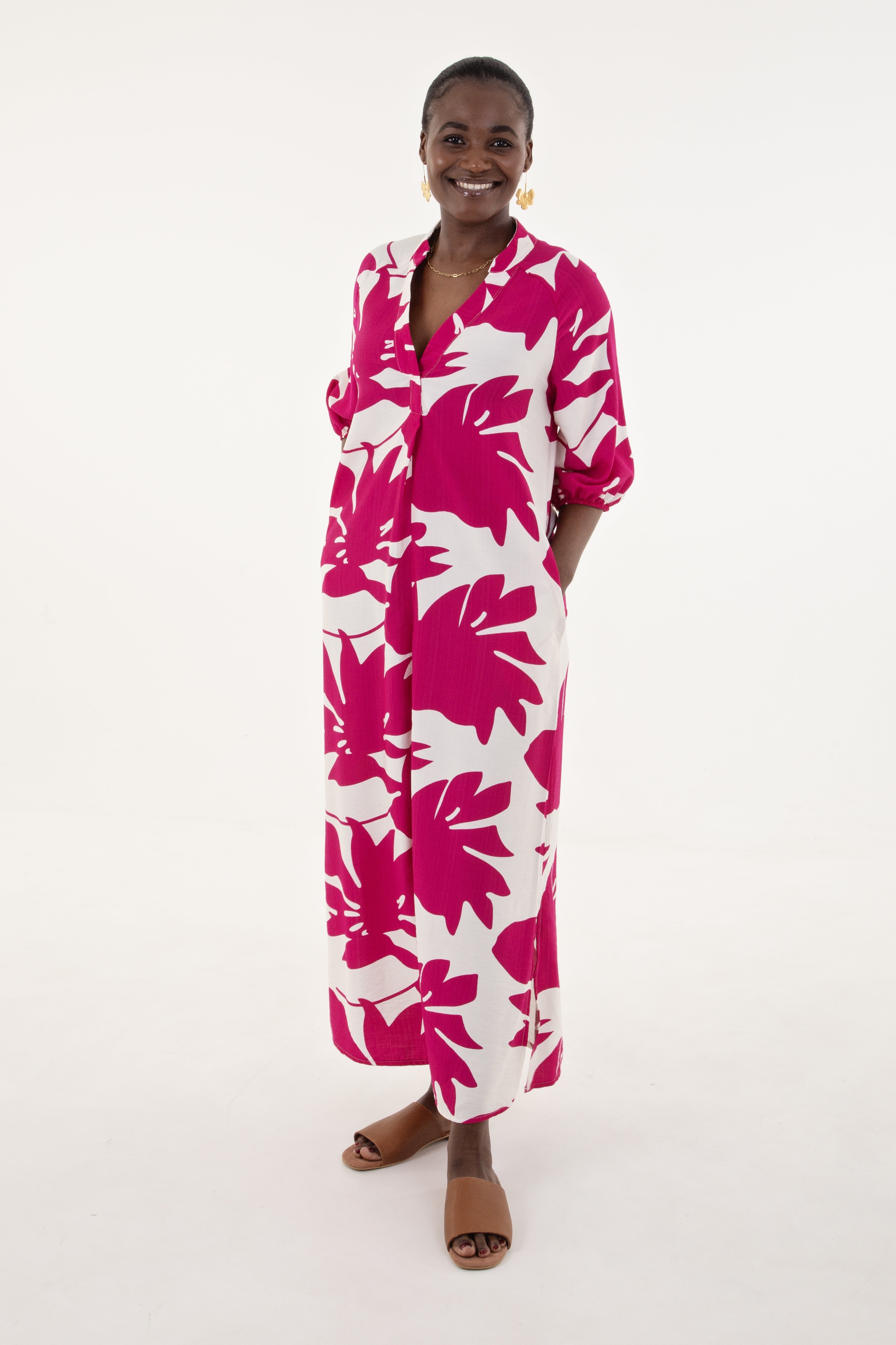 Raspberry & White Floral Tunic Maxi Dress