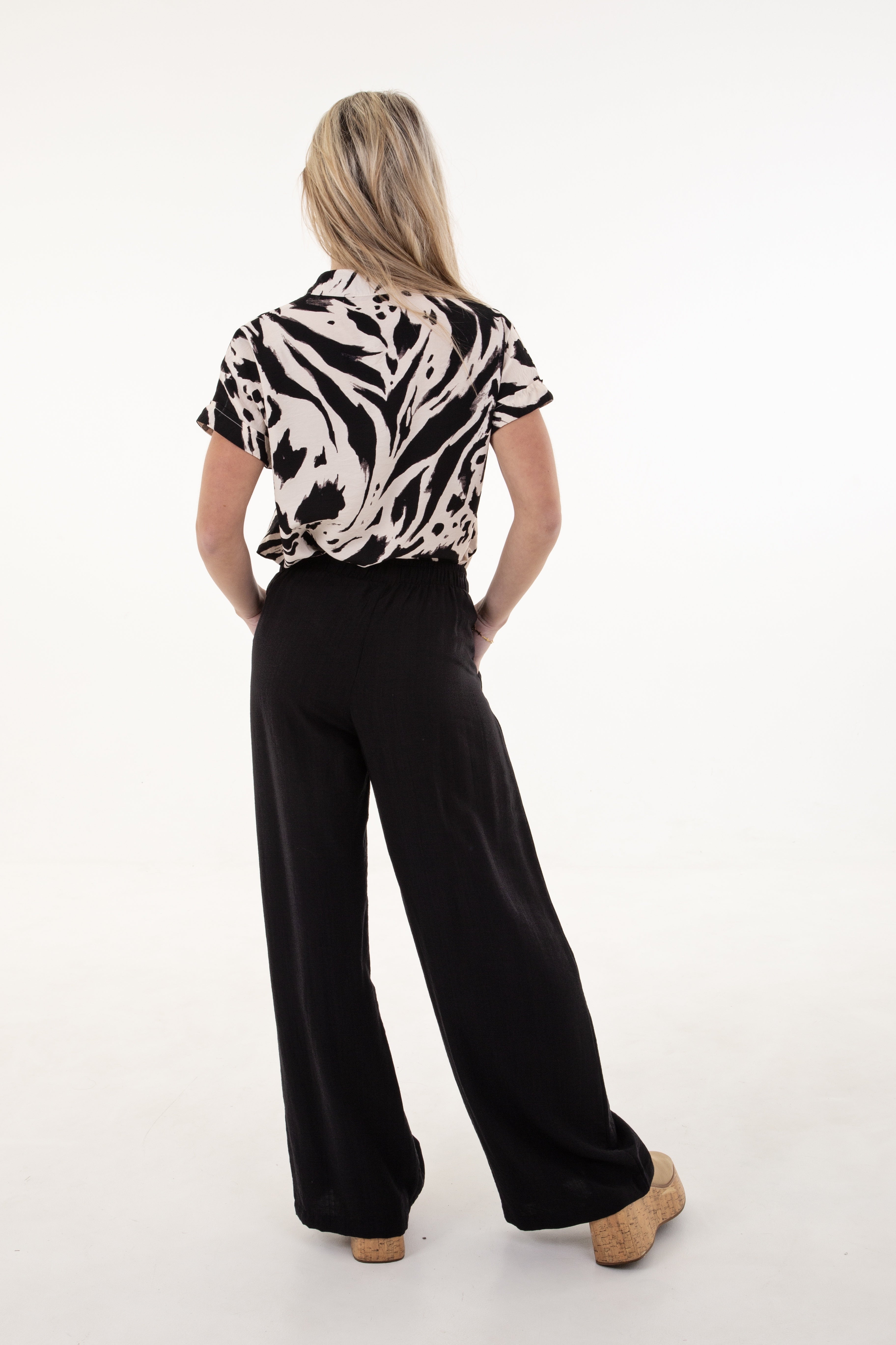 Black Nylon Rayon Wide Leg Pants