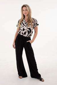 Black & Cream Abstract V-Neck Roll Sleeve Top