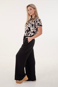 Black Nylon Rayon Wide Leg Pants