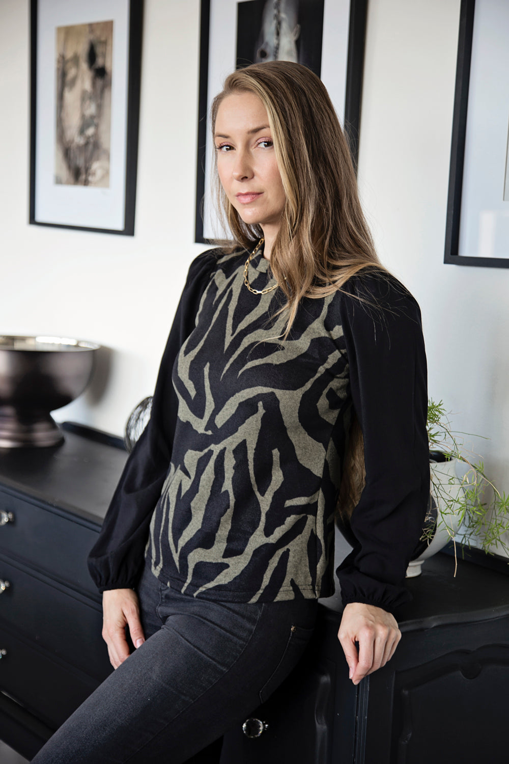 Khaki & Black Zebra Print Long Sleeve Combo Top