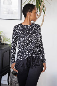 Black & White Abstract Brushed Knit Knot Top