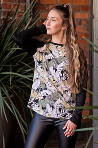 Black, White & Greens Leaf Print Long Sleeve Combo Top